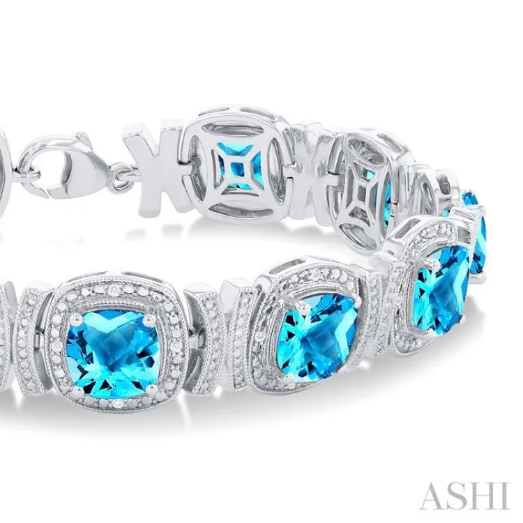 1/10 ctw Cushion Shape 7X7 MM Blue Topaz and Round Cut Diamond Semi Precious Bracelet in Sterling Silver
