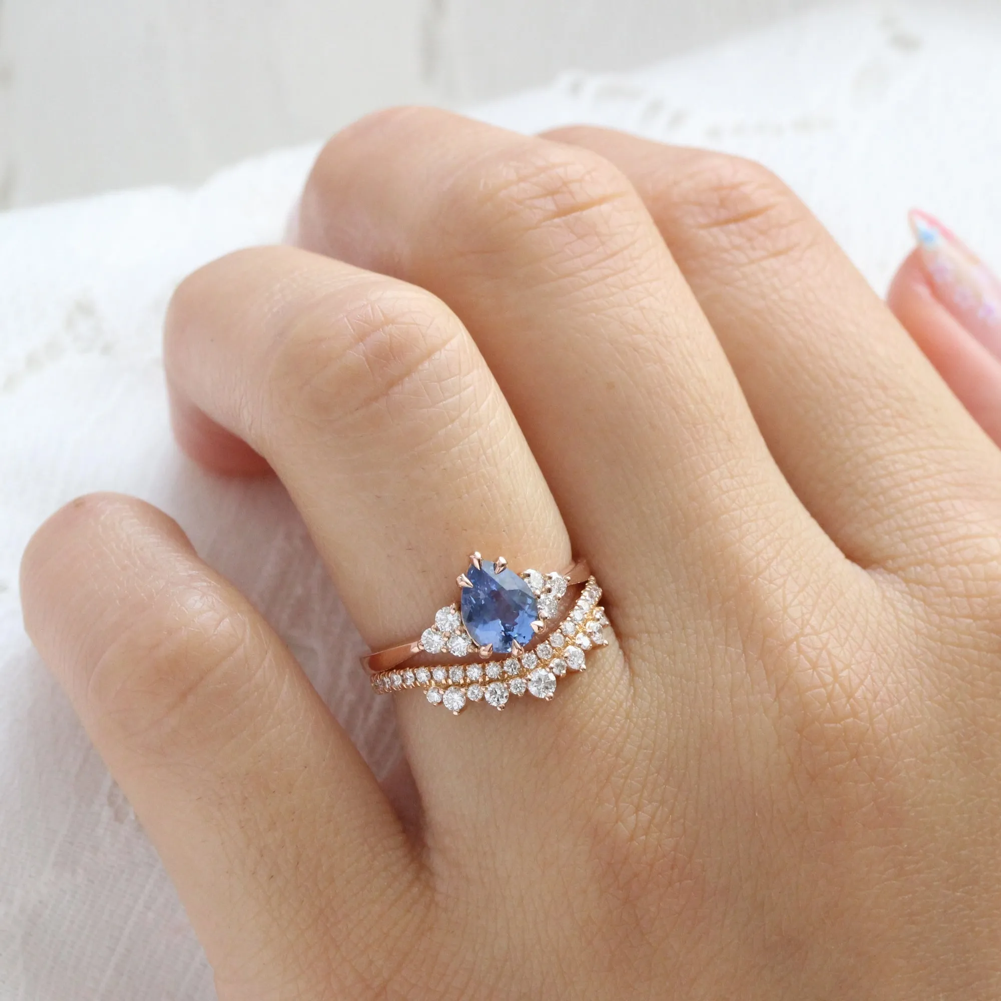 1.34 Ct Pear Ceylon Blue Sapphire Ring in 14k Rose Gold 3 Diamond Ring, Size 6.25