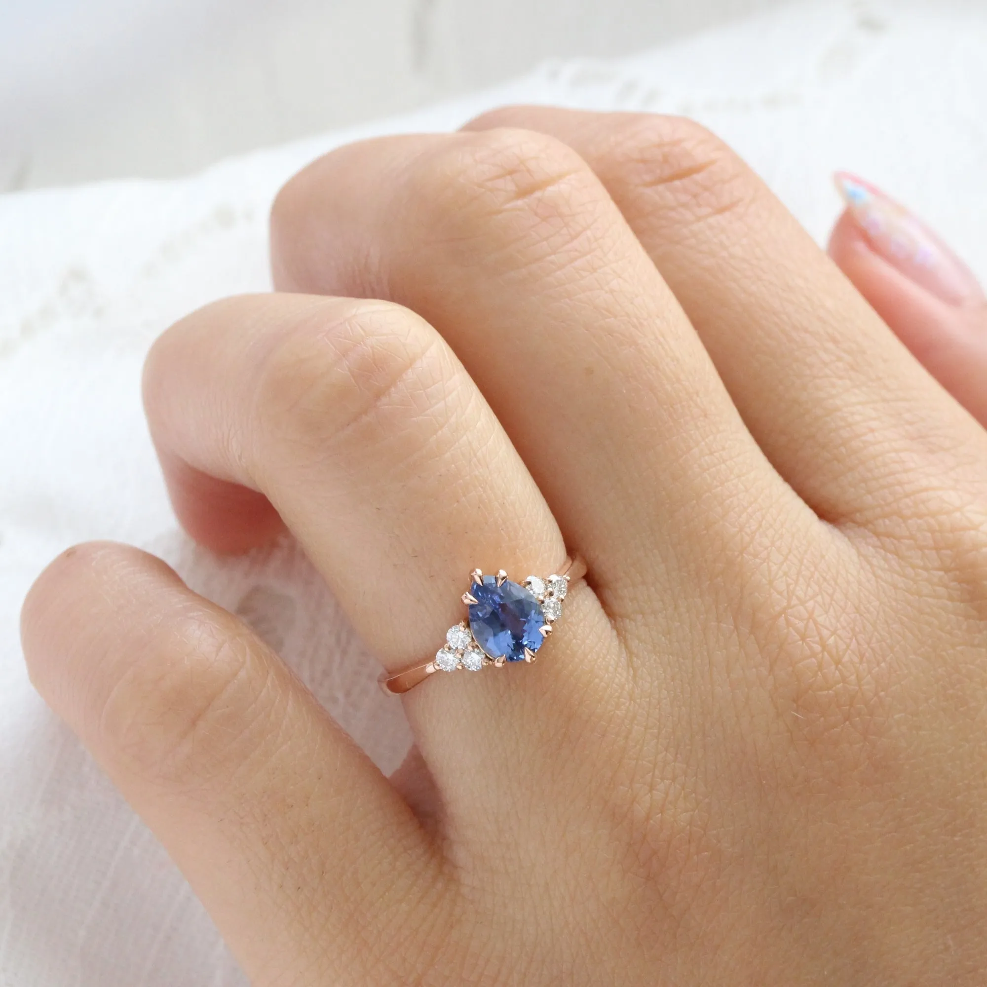 1.34 Ct Pear Ceylon Blue Sapphire Ring in 14k Rose Gold 3 Diamond Ring, Size 6.25