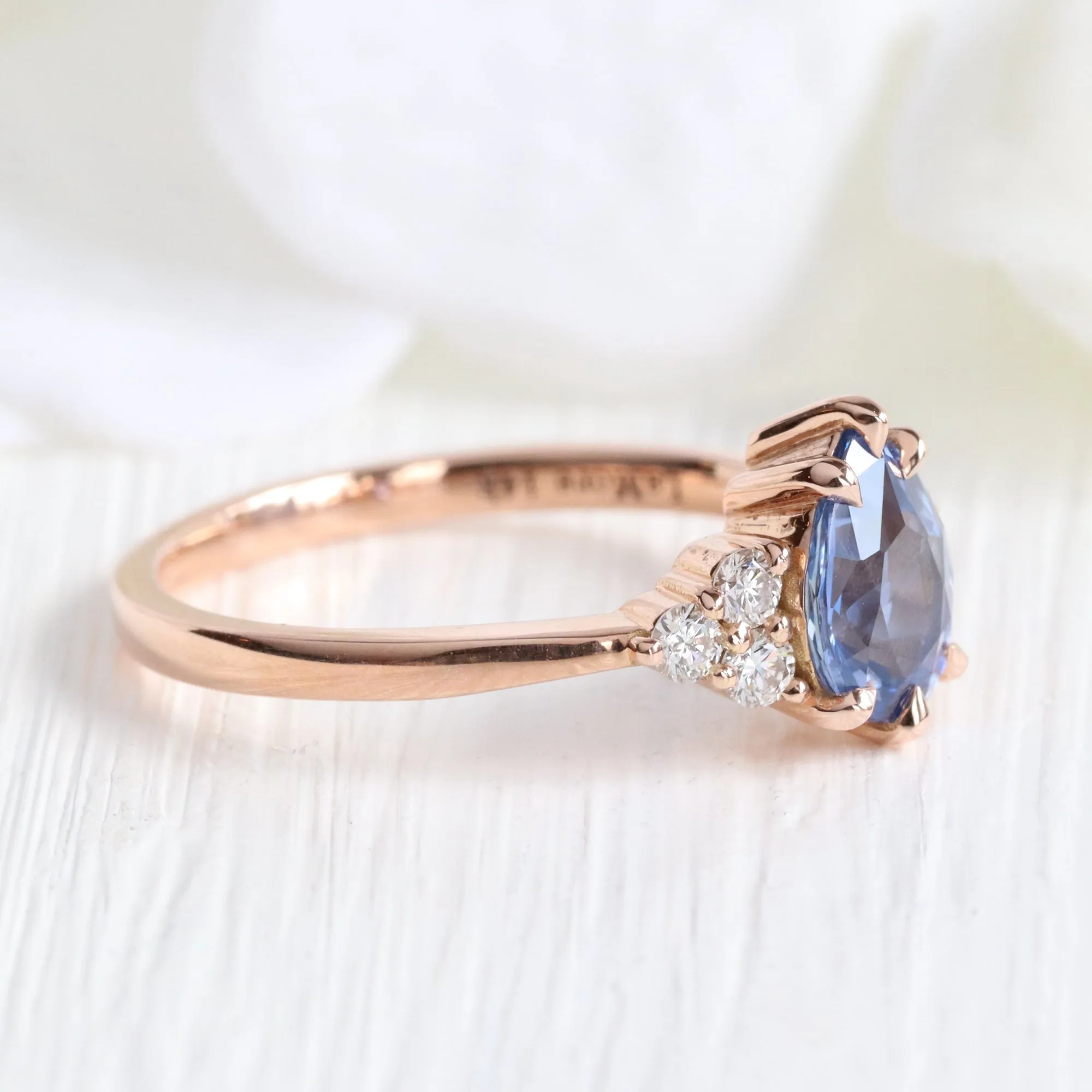 1.34 Ct Pear Ceylon Blue Sapphire Ring in 14k Rose Gold 3 Diamond Ring, Size 6.25
