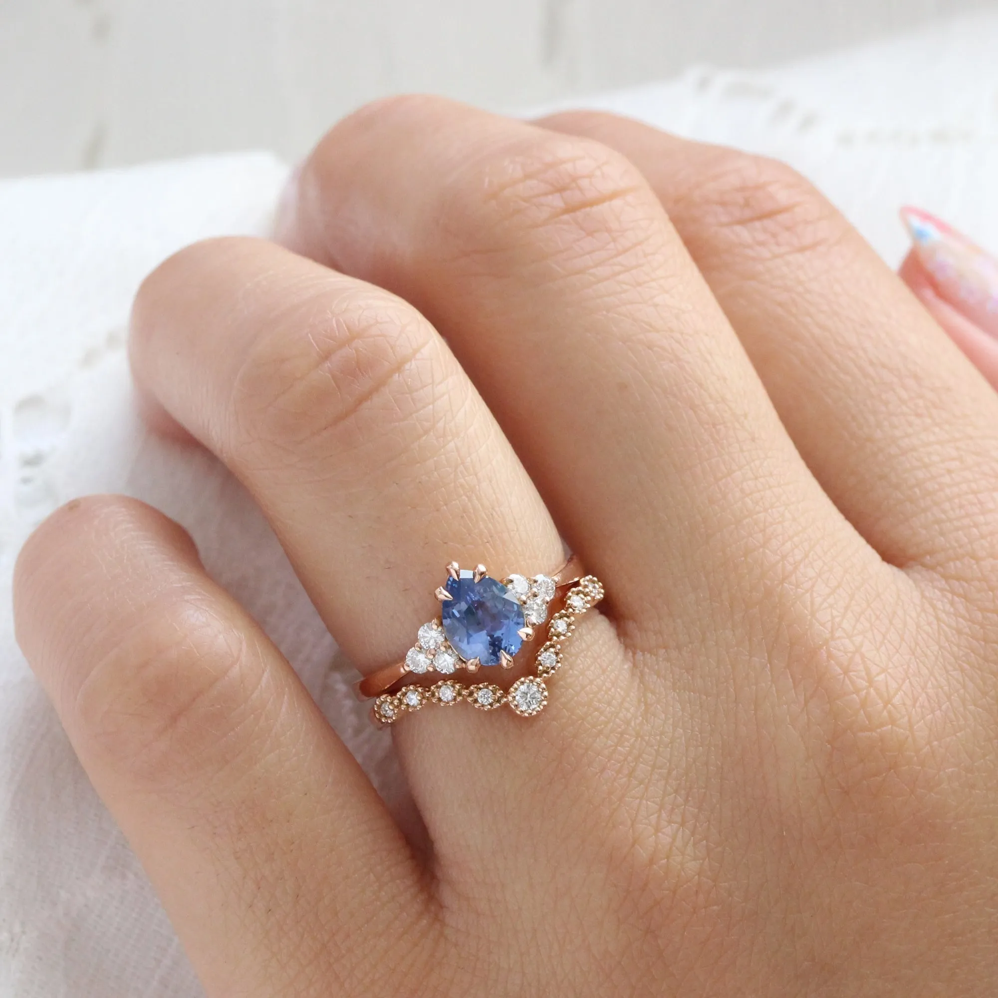 1.34 Ct Pear Ceylon Blue Sapphire Ring in 14k Rose Gold 3 Diamond Ring, Size 6.25