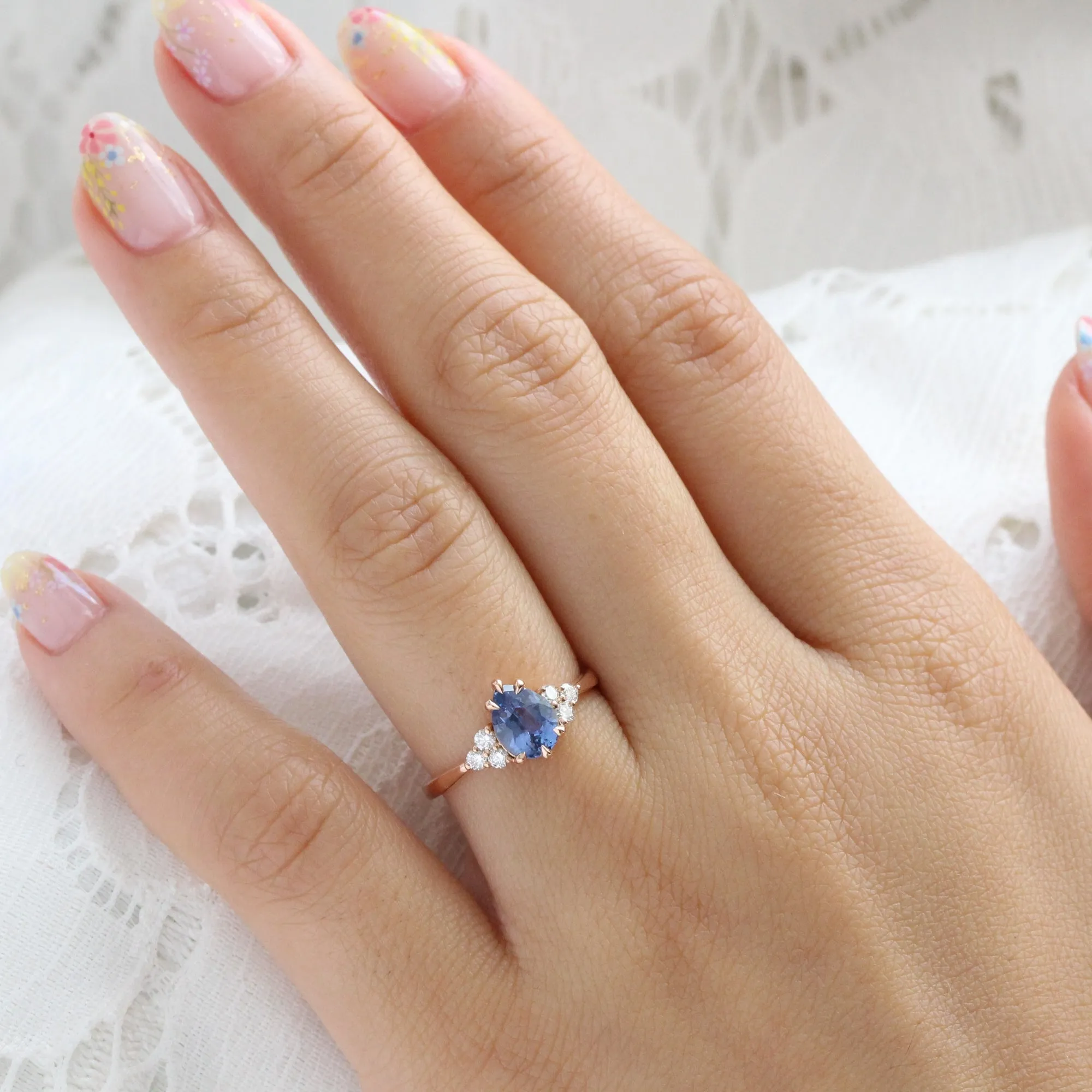 1.34 Ct Pear Ceylon Blue Sapphire Ring in 14k Rose Gold 3 Diamond Ring, Size 6.25