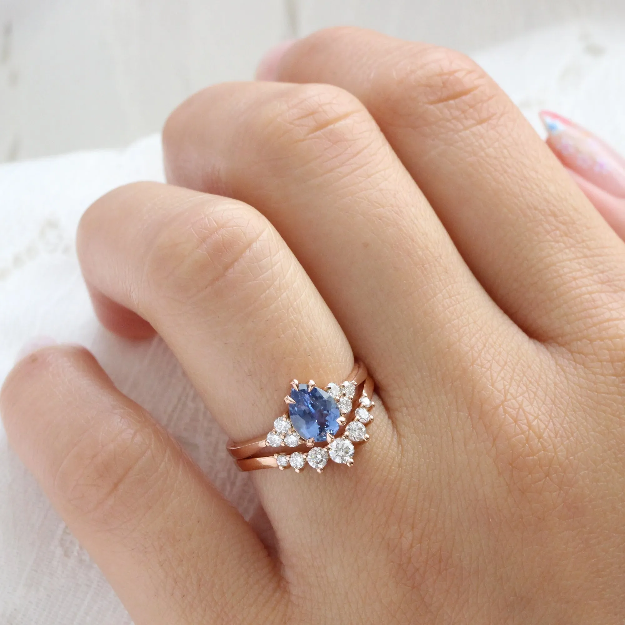 1.34 Ct Pear Ceylon Blue Sapphire Ring in 14k Rose Gold 3 Diamond Ring, Size 6.25