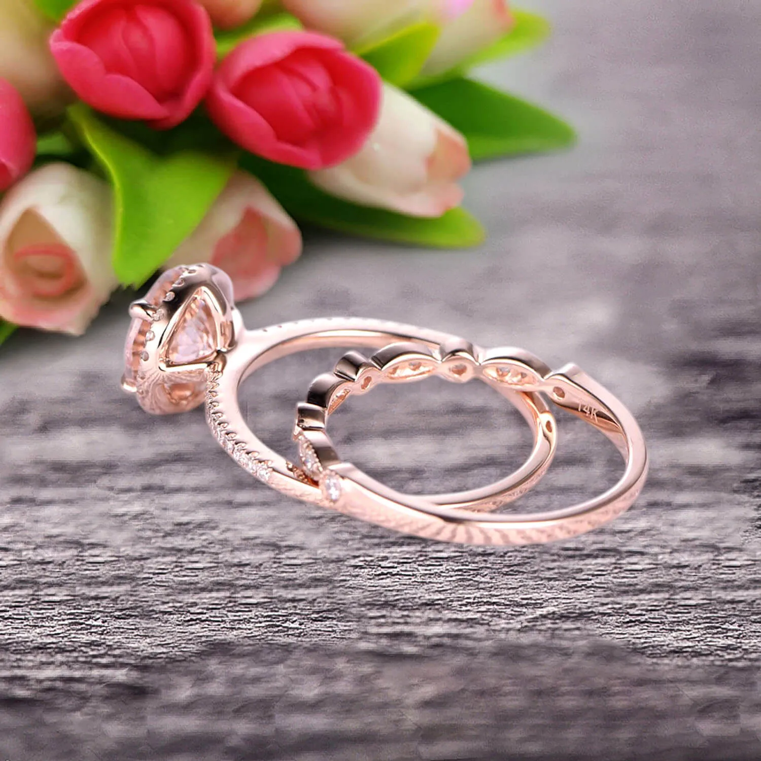 1.75 carat Round Cut Morganite Wedding Set Bridal Ring 10k Rose Gold with Art Deco Eternity Matching Band Stacking Ring Halo