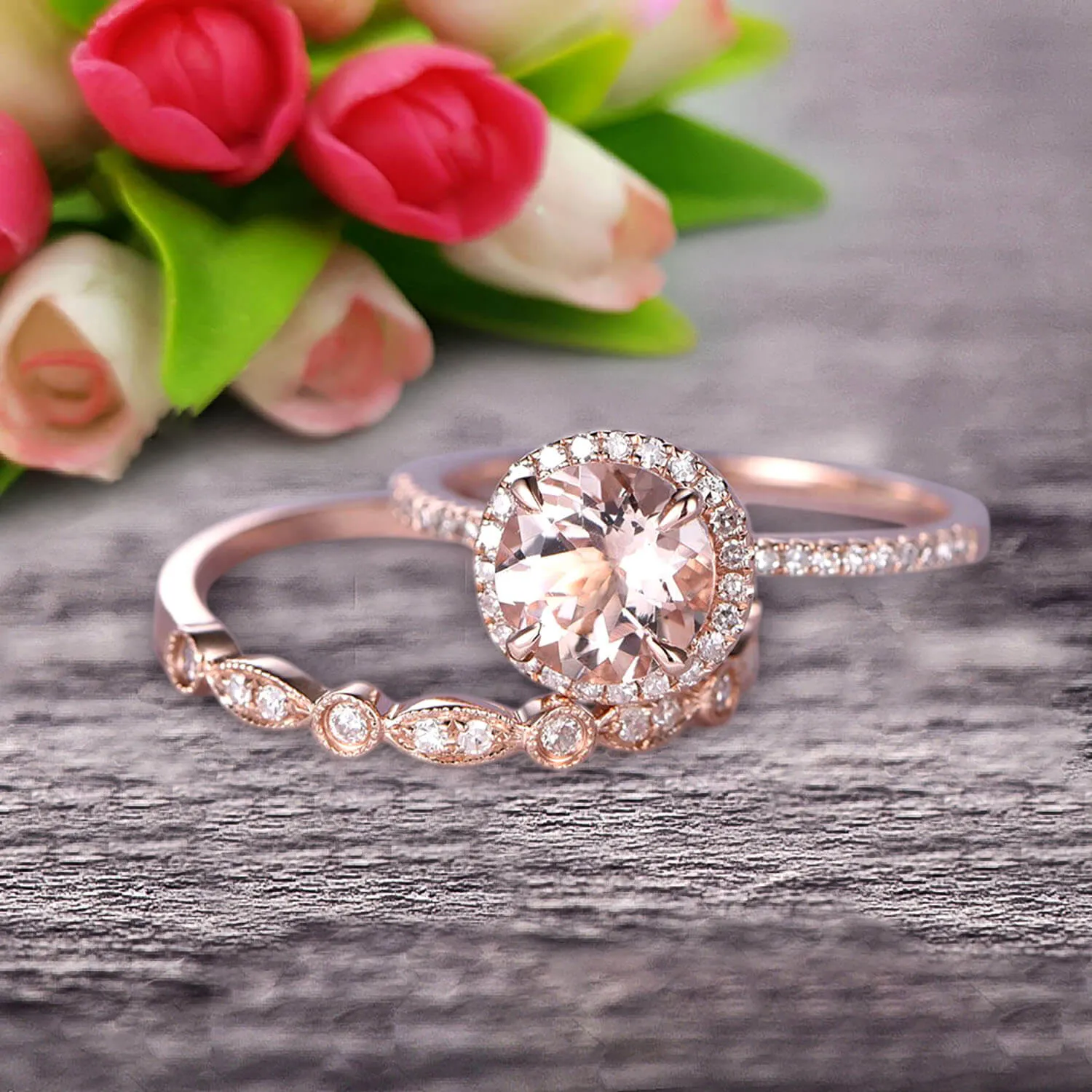 1.75 carat Round Cut Morganite Wedding Set Bridal Ring 10k Rose Gold with Art Deco Eternity Matching Band Stacking Ring Halo