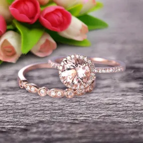 1.75 carat Round Cut Morganite Wedding Set Bridal Ring 10k Rose Gold with Art Deco Eternity Matching Band Stacking Ring Halo