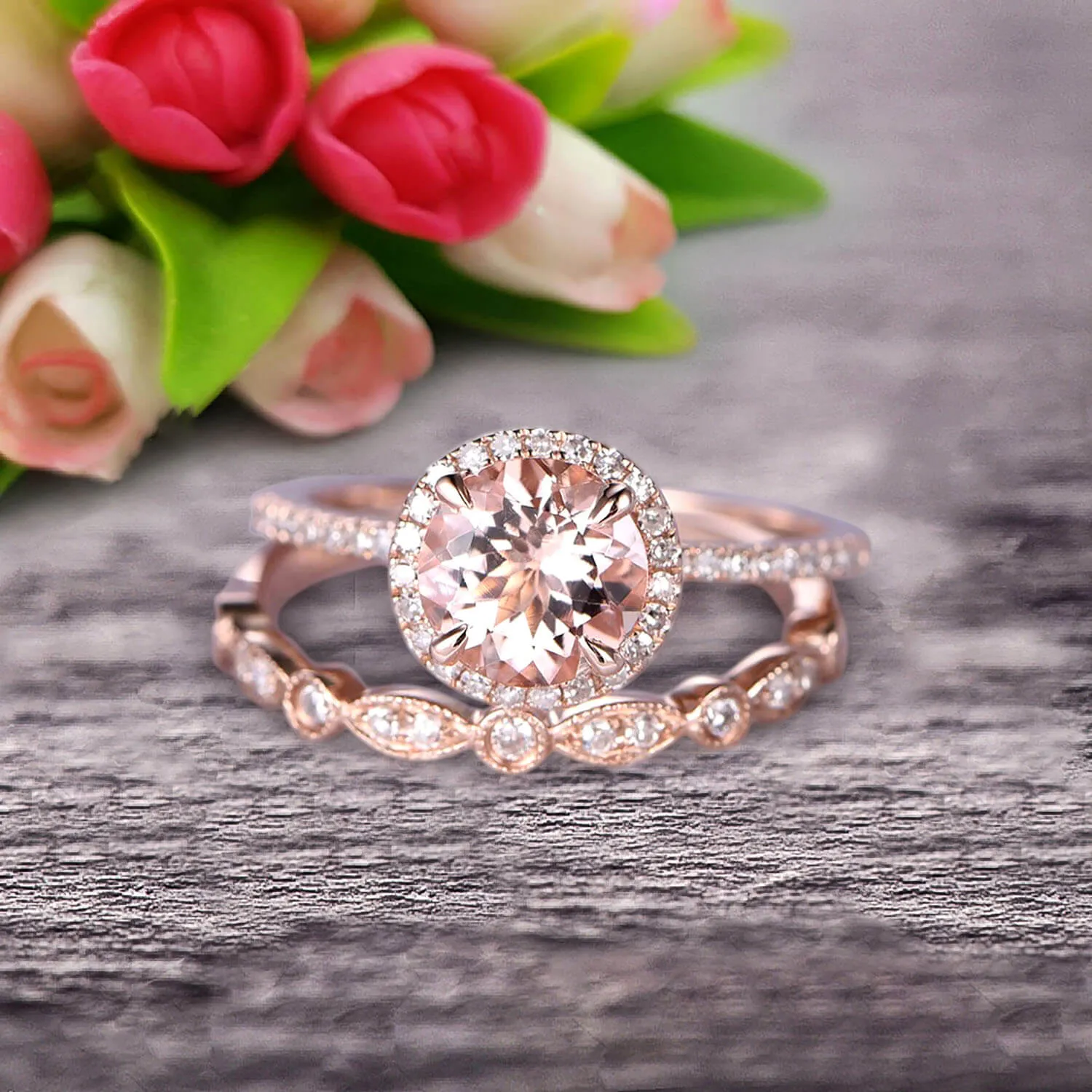 1.75 carat Round Cut Morganite Wedding Set Bridal Ring 10k Rose Gold with Art Deco Eternity Matching Band Stacking Ring Halo