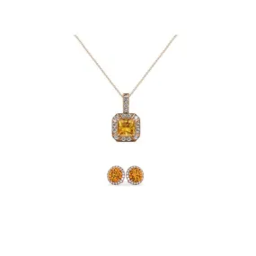 18K Rose Gold 4ct Halo Citrine Square 18 Inch Necklace and Halo Round Earrings Set Plated