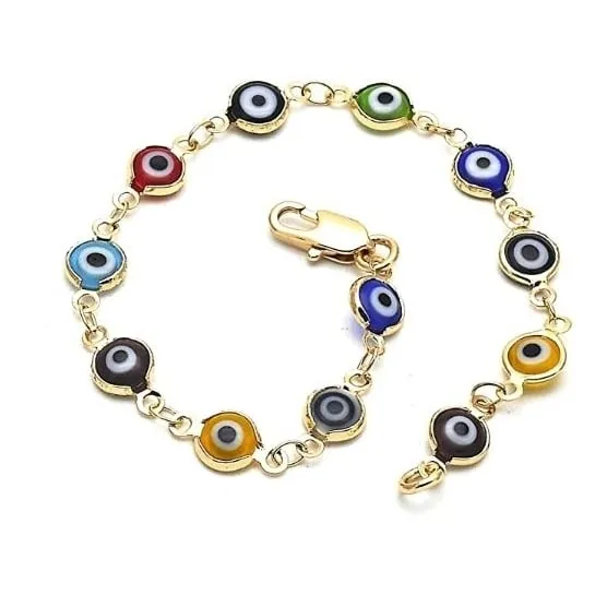 18K Womens Gold Filled High Polish Finsh Multi Color Evil Eye Bracelet Clasp 10 Inch