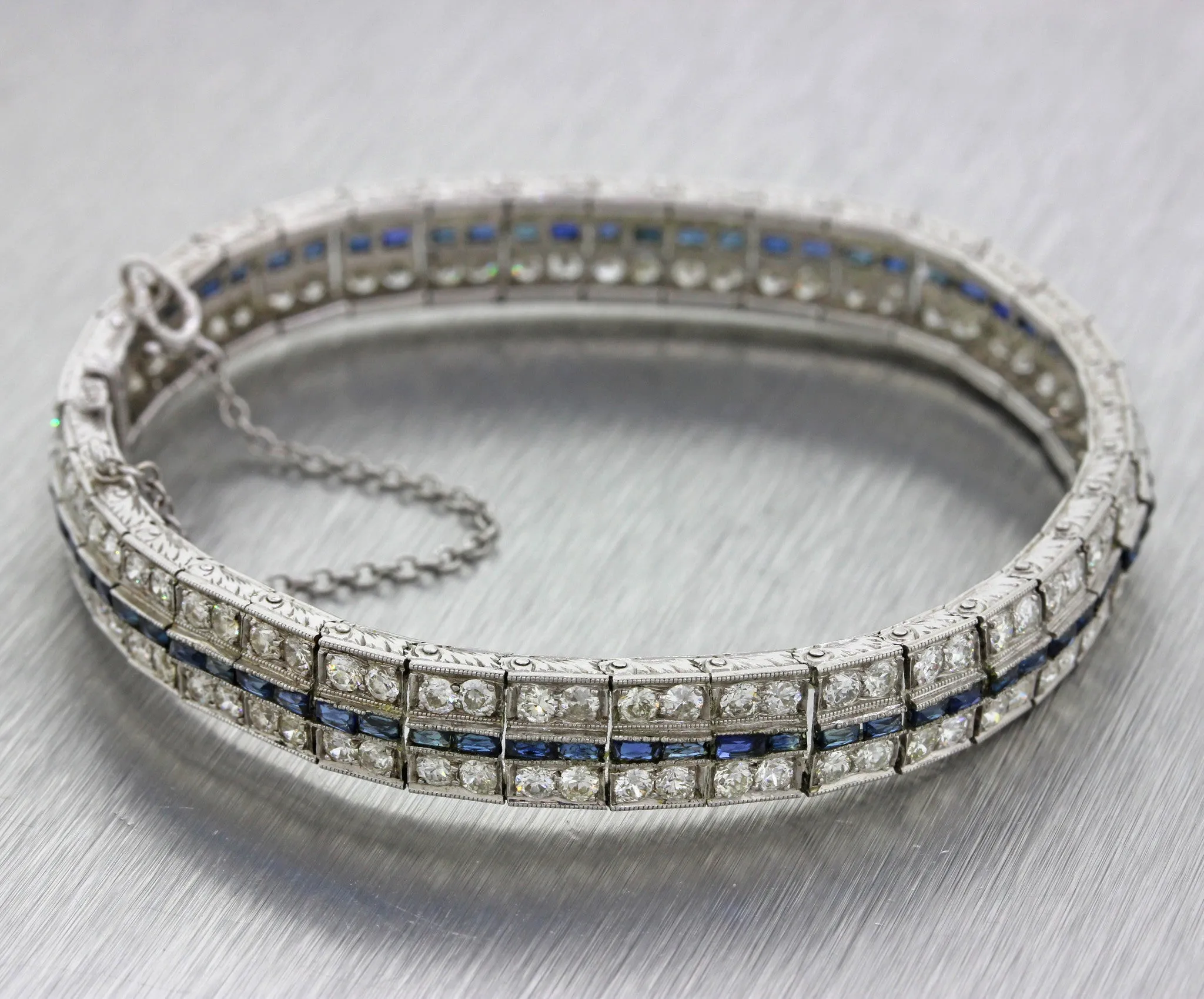1930s Antique Art Deco Solid Platinum 5.76ctw Diamond Sapphire Tennis Bracelet