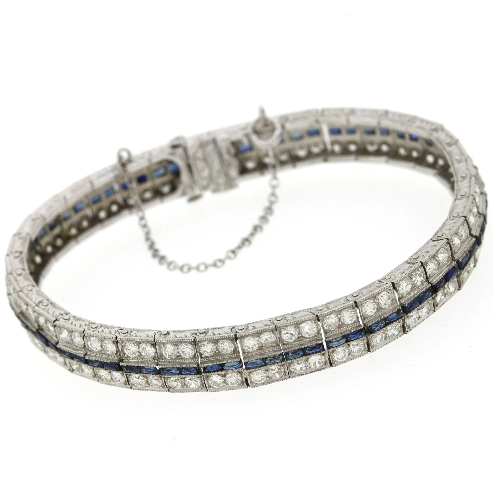 1930s Antique Art Deco Solid Platinum 5.76ctw Diamond Sapphire Tennis Bracelet