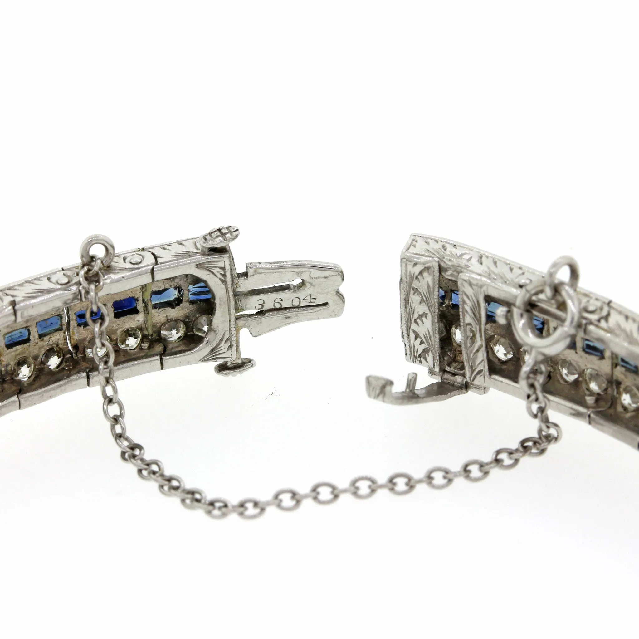 1930s Antique Art Deco Solid Platinum 5.76ctw Diamond Sapphire Tennis Bracelet