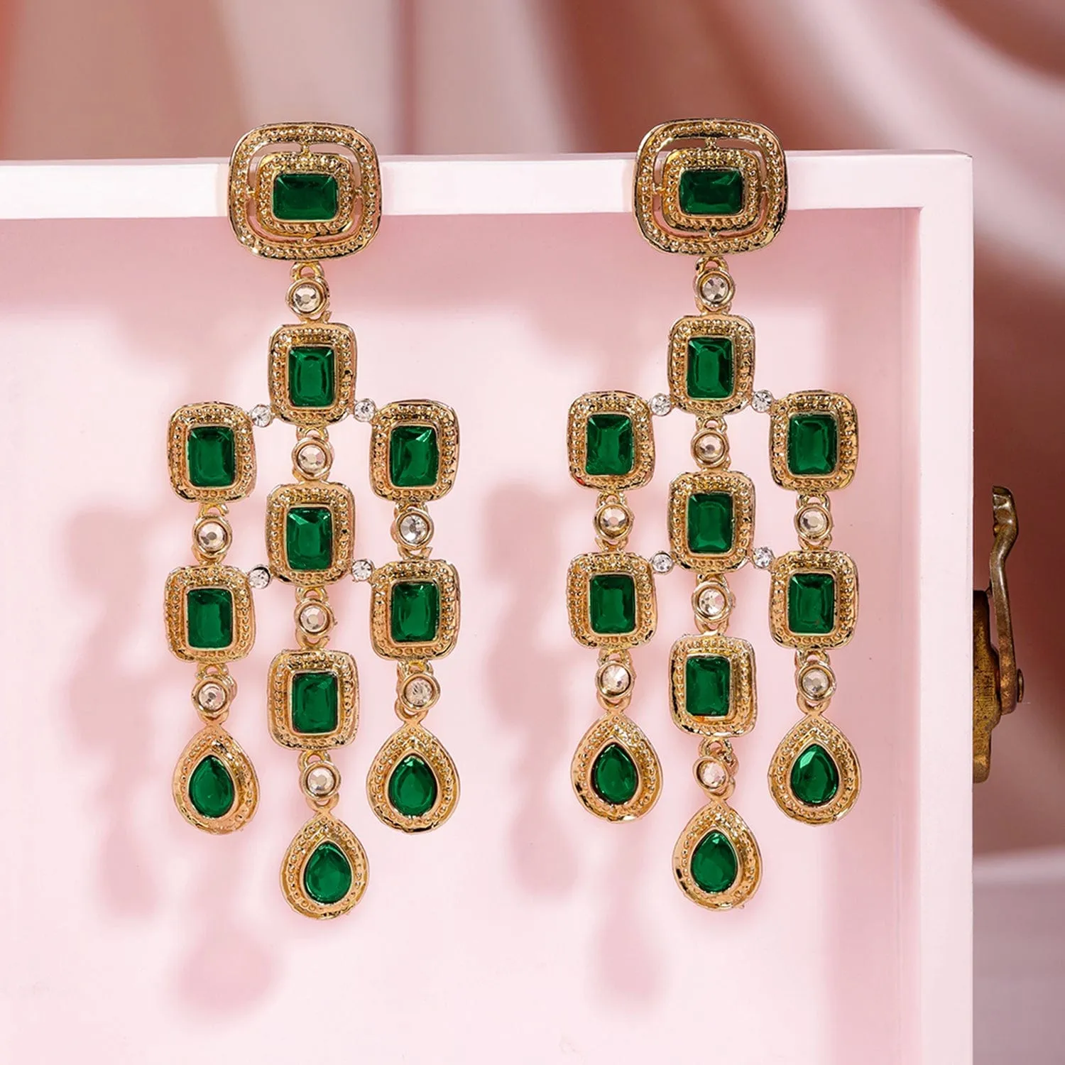 22K Gold-Plated Emerald Green Gemstone Studded Chandelier Earrings