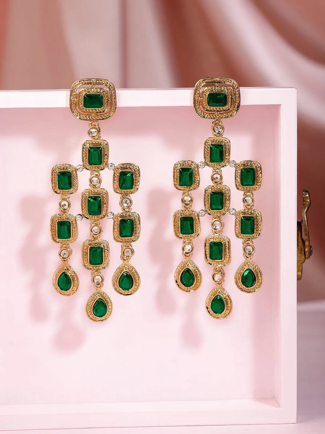 22K Gold-Plated Emerald Green Gemstone Studded Chandelier Earrings