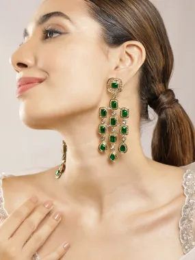 22K Gold-Plated Emerald Green Gemstone Studded Chandelier Earrings