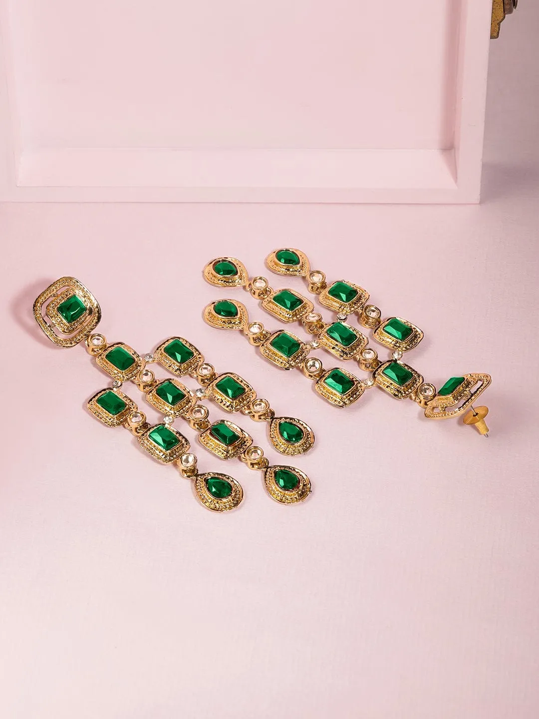 22K Gold-Plated Emerald Green Gemstone Studded Chandelier Earrings