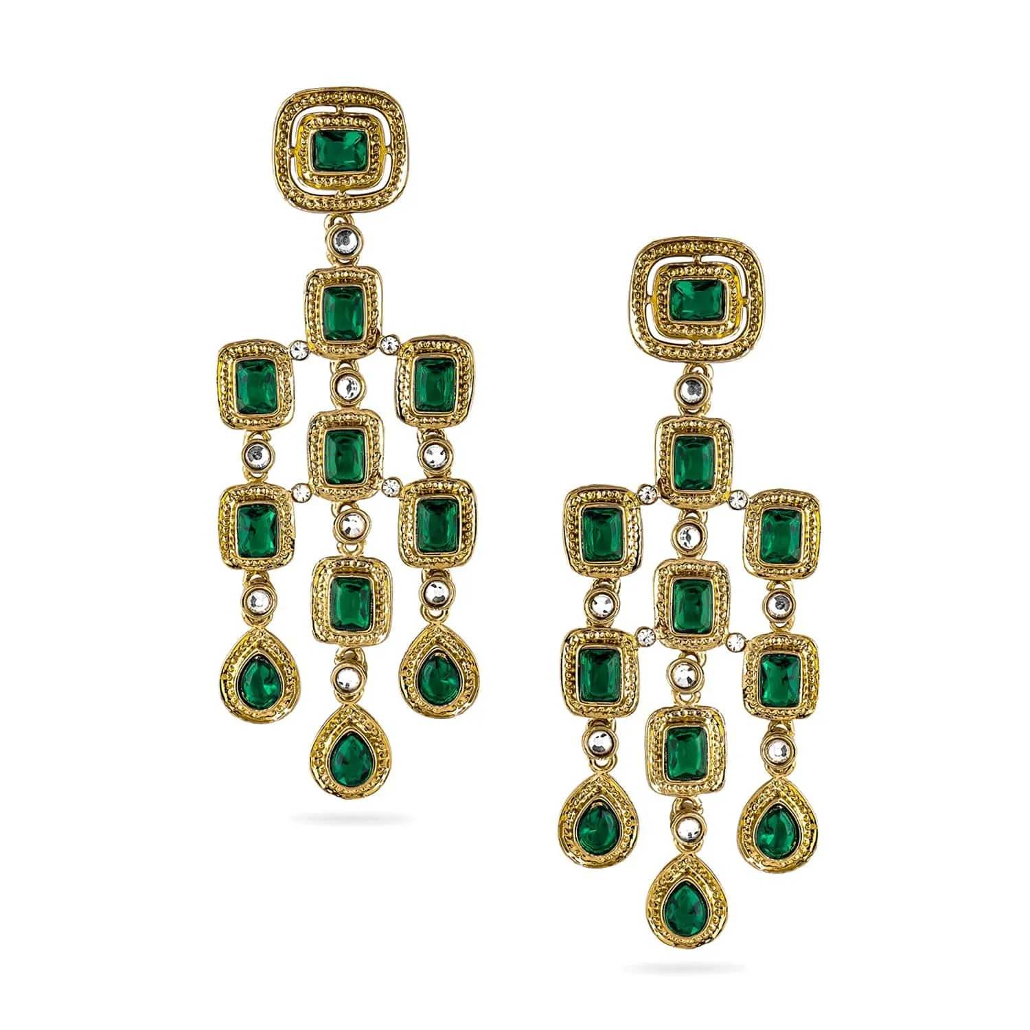 22K Gold-Plated Emerald Green Gemstone Studded Chandelier Earrings