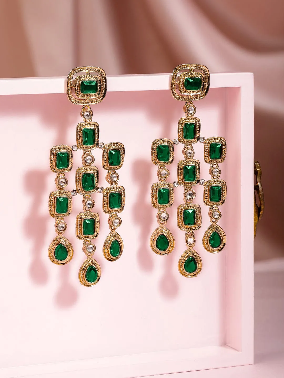 22K Gold-Plated Emerald Green Gemstone Studded Chandelier Earrings
