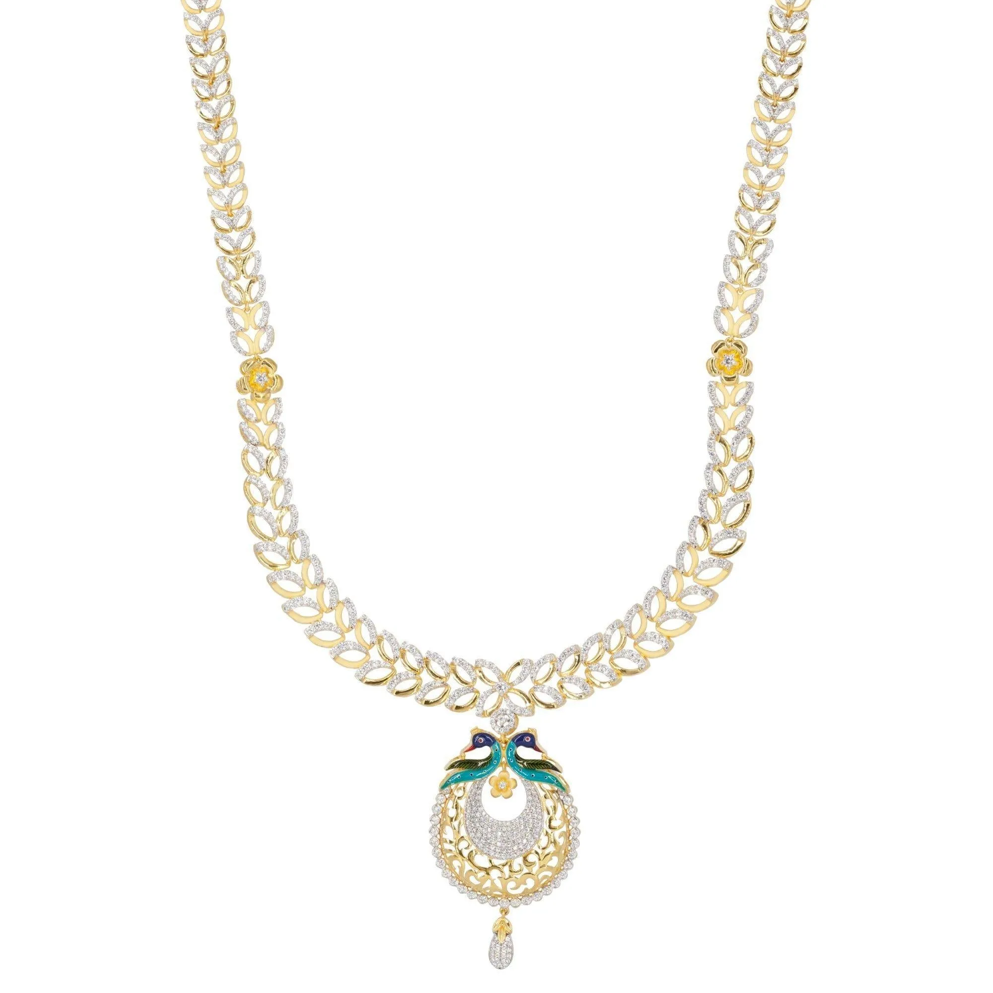 22K Yellow Gold Peacock Pavé Statement Necklace