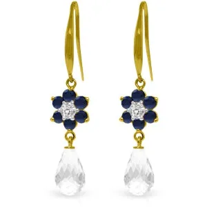 5.51 Carat 14K Solid Yellow Gold Hook Earrings Diamond, Sapphire White Topaz