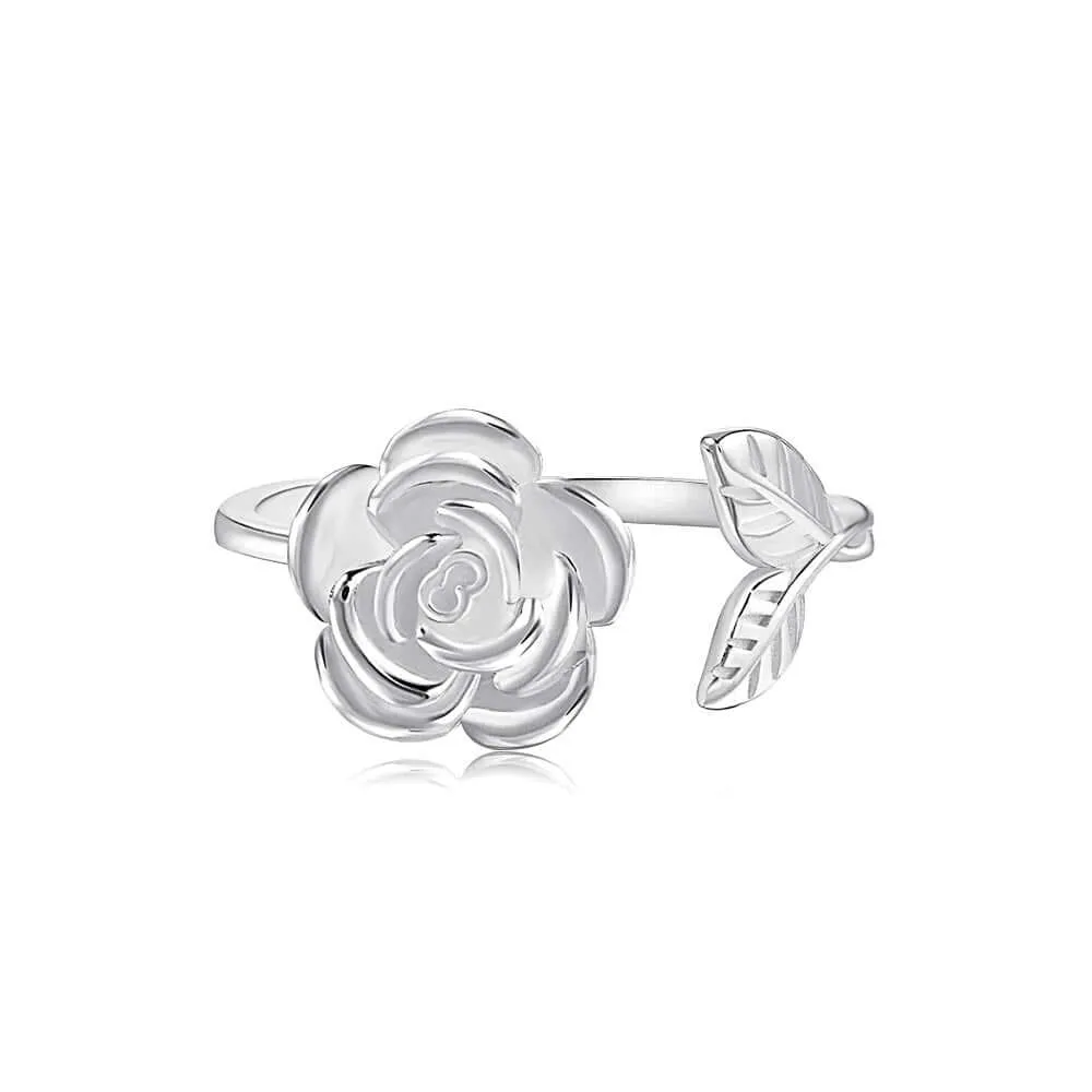 925 Silver Rose Flower And Leaves Toi et Moi Ring