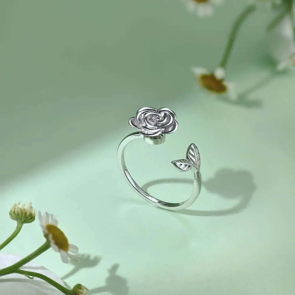 925 Silver Rose Flower And Leaves Toi et Moi Ring
