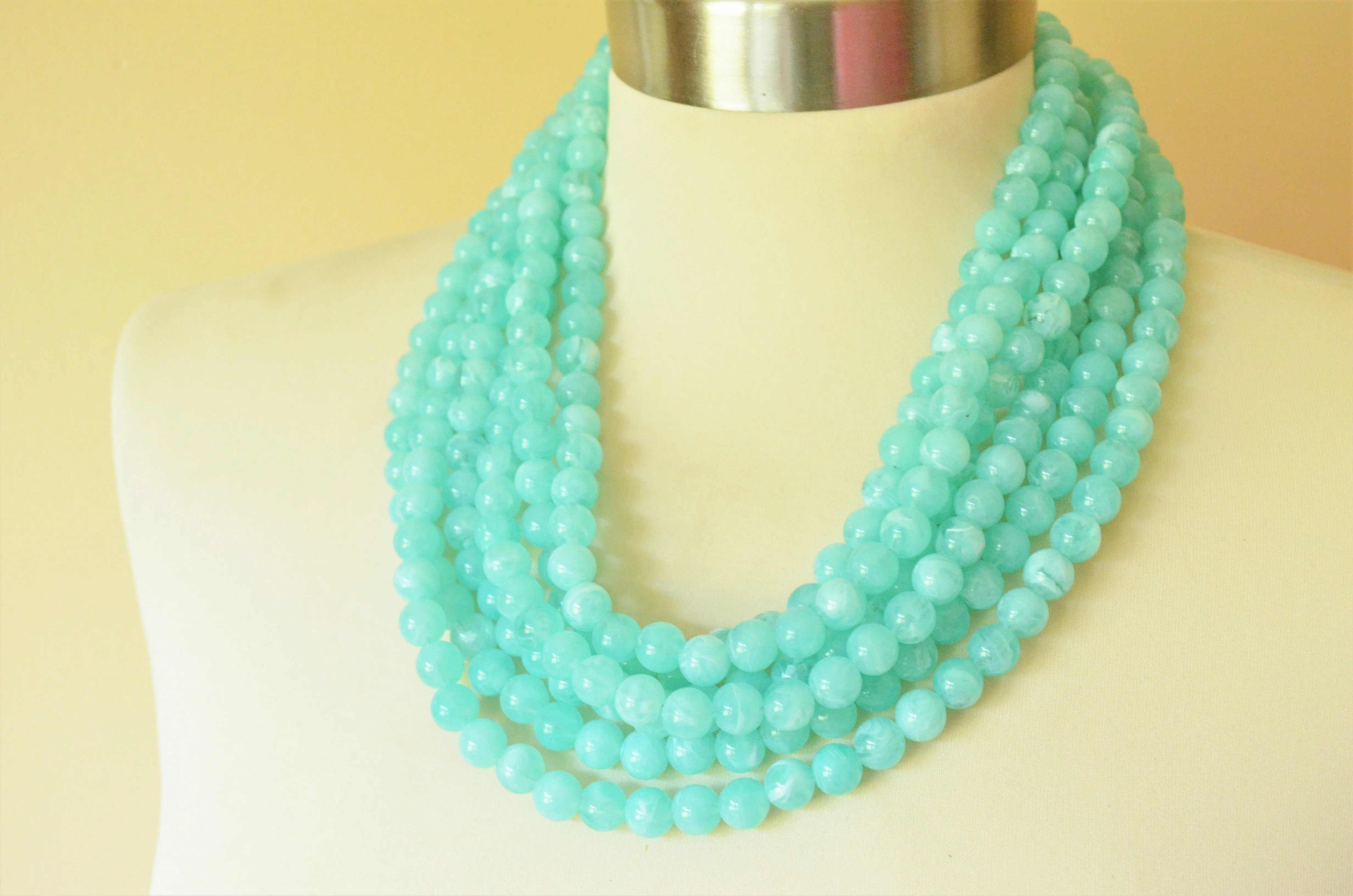 Aqua Blue Acrylic Lucite Bead Chunky Multi Strand Statement Necklace - Alana