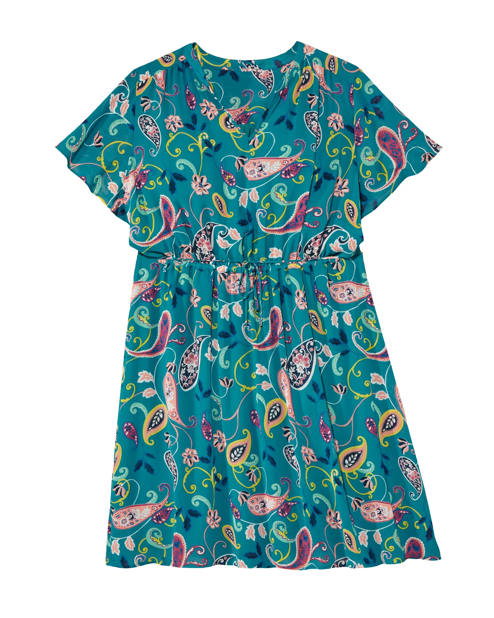 Bakersfield Short Flutter Sleeve Tie-Waist | Teal / Yellow