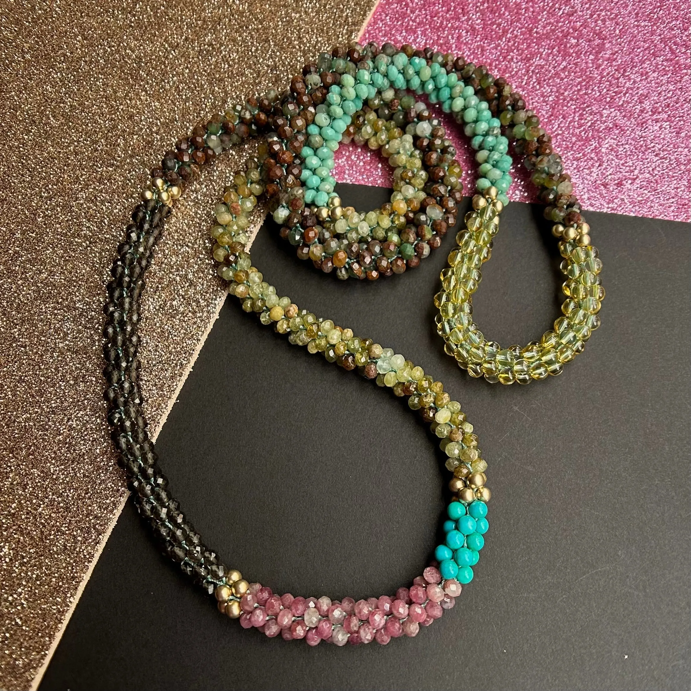 Beaded Gemstone Necklace: Green Garnet, Chrysoprase, Smoky Quartz and Gold