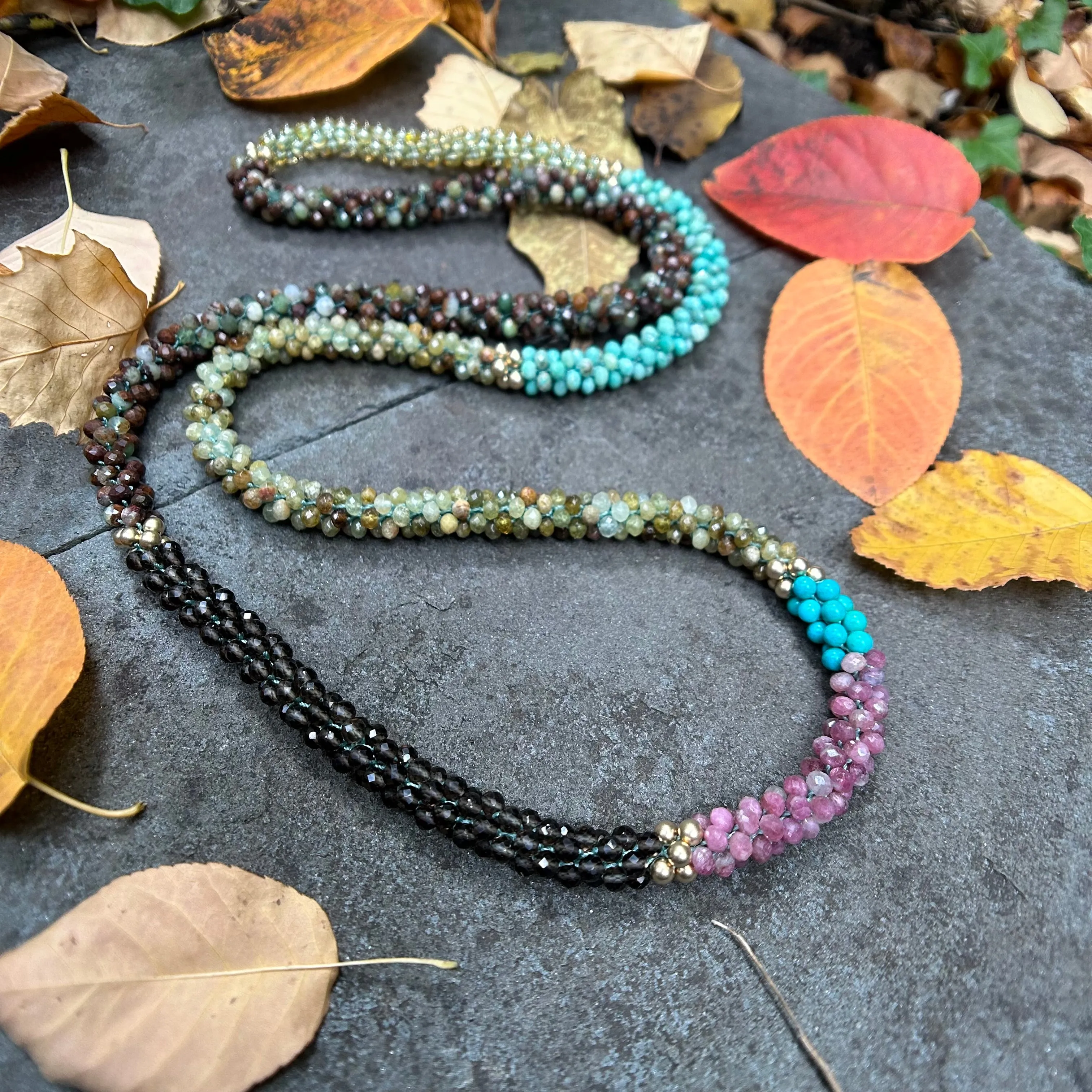 Beaded Gemstone Necklace: Green Garnet, Chrysoprase, Smoky Quartz and Gold