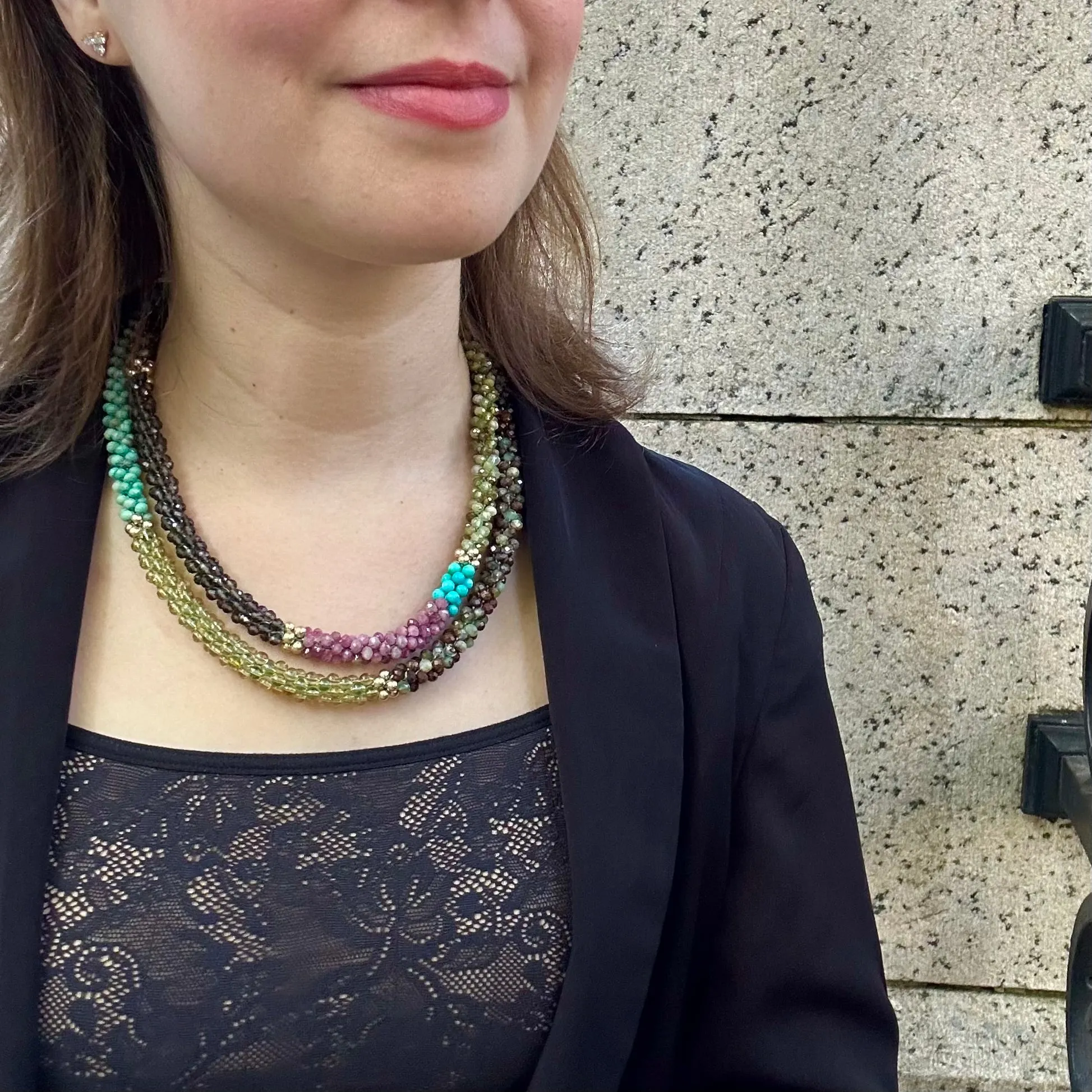 Beaded Gemstone Necklace: Green Garnet, Chrysoprase, Smoky Quartz and Gold