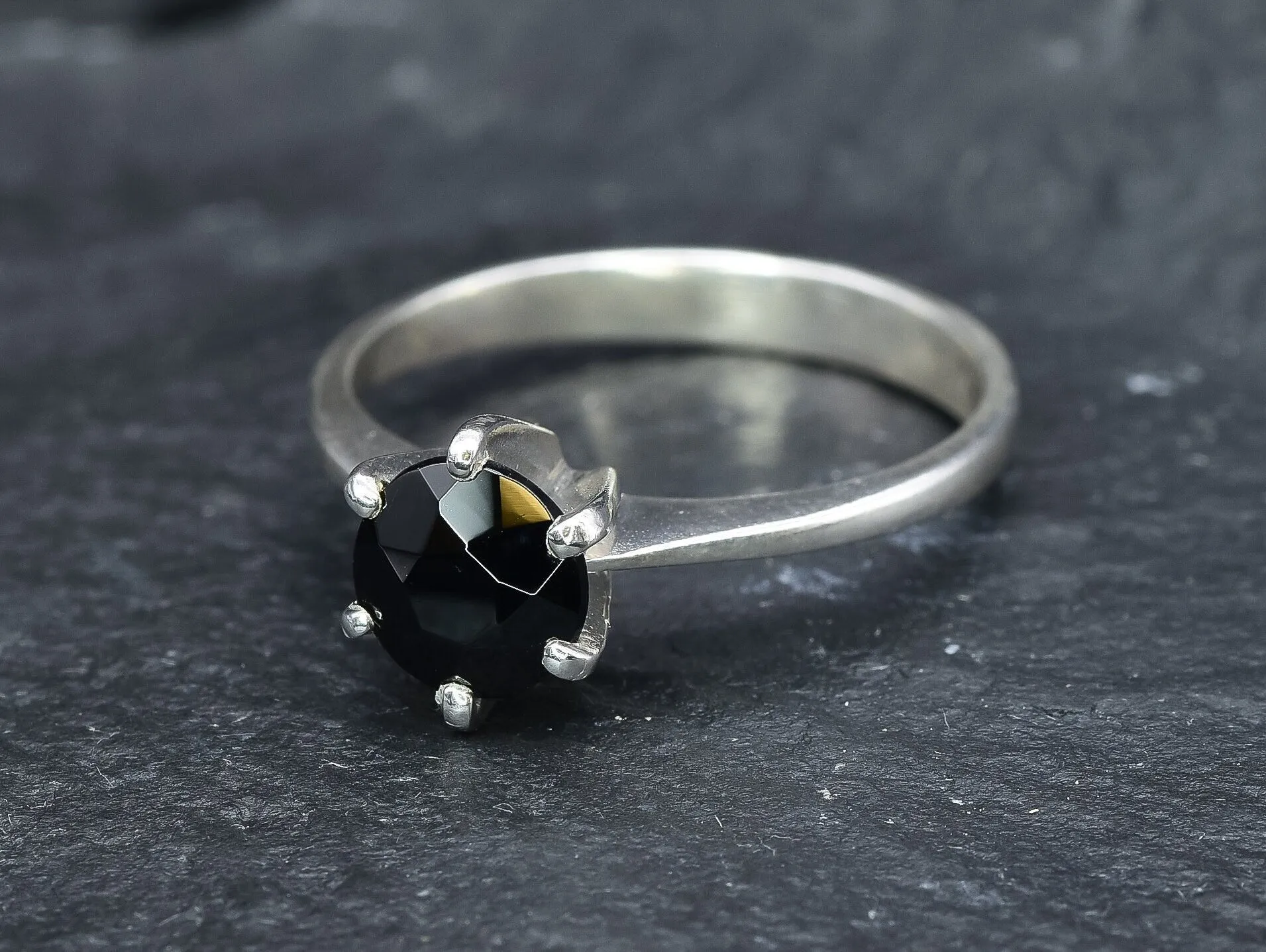 Black Solitaire Ring - Natural Onyx Ring, Dainty Gothic Ring