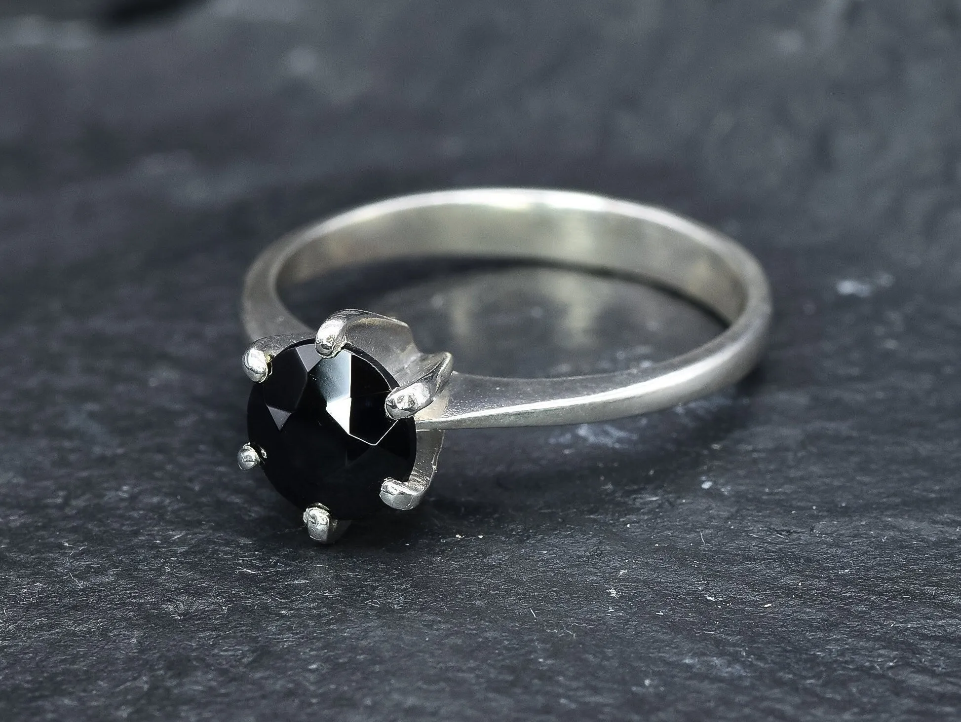 Black Solitaire Ring - Natural Onyx Ring, Dainty Gothic Ring