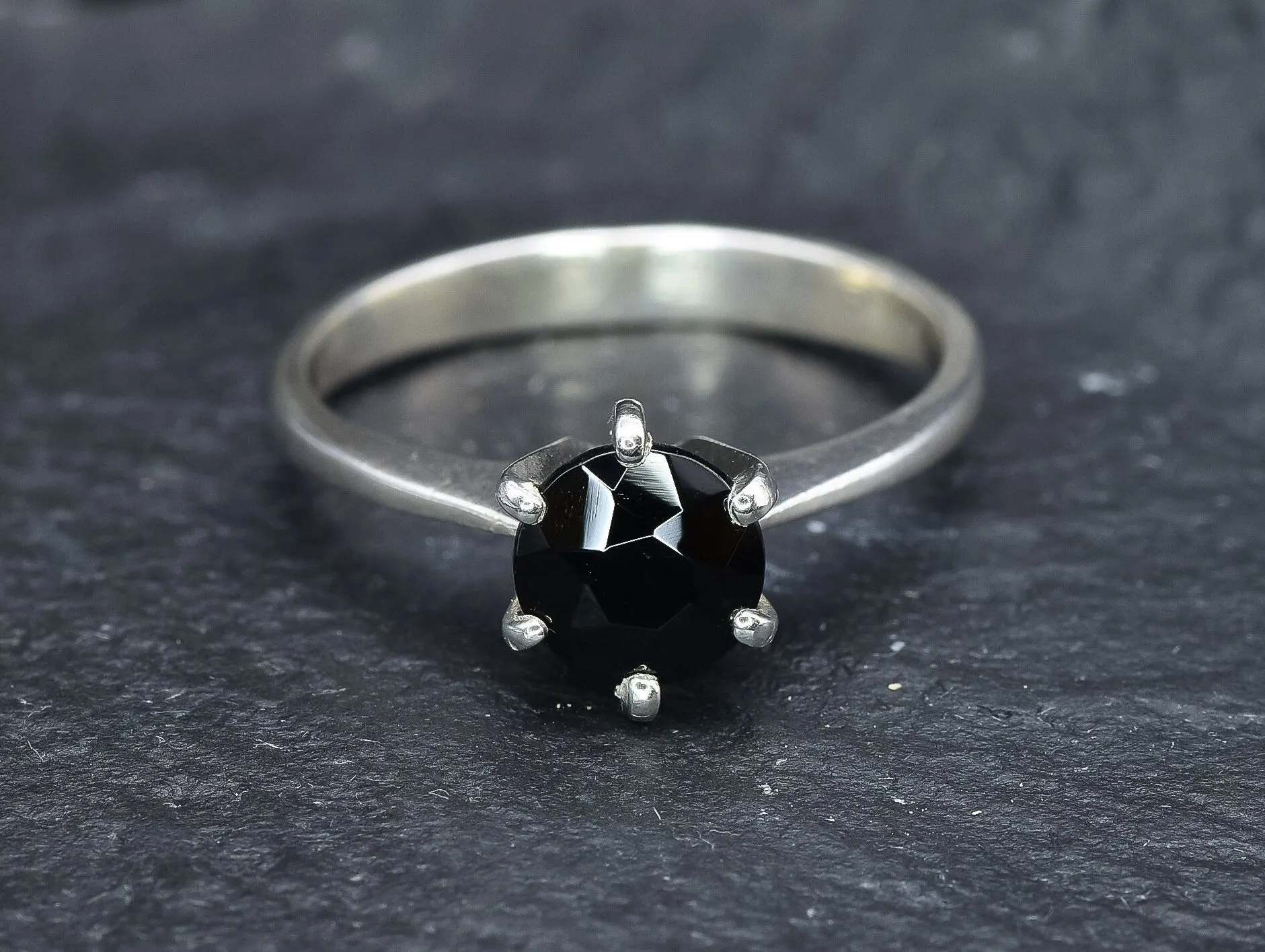 Black Solitaire Ring - Natural Onyx Ring, Dainty Gothic Ring