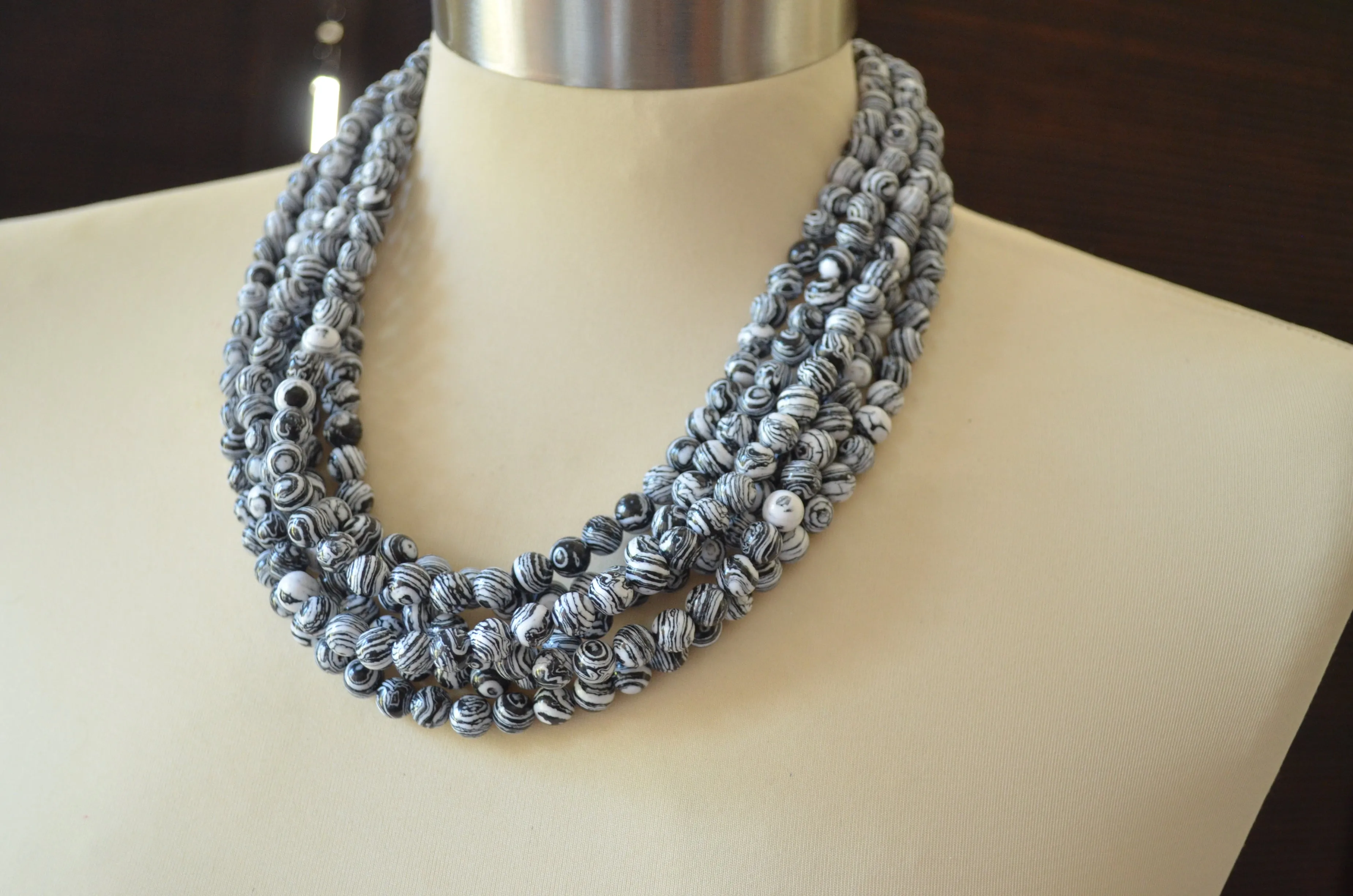 Black White Chunky Bead Animal Print Multi Strand Statement Necklace - Michelle