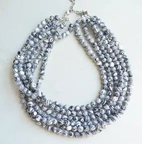 Black White Chunky Bead Animal Print Multi Strand Statement Necklace - Michelle