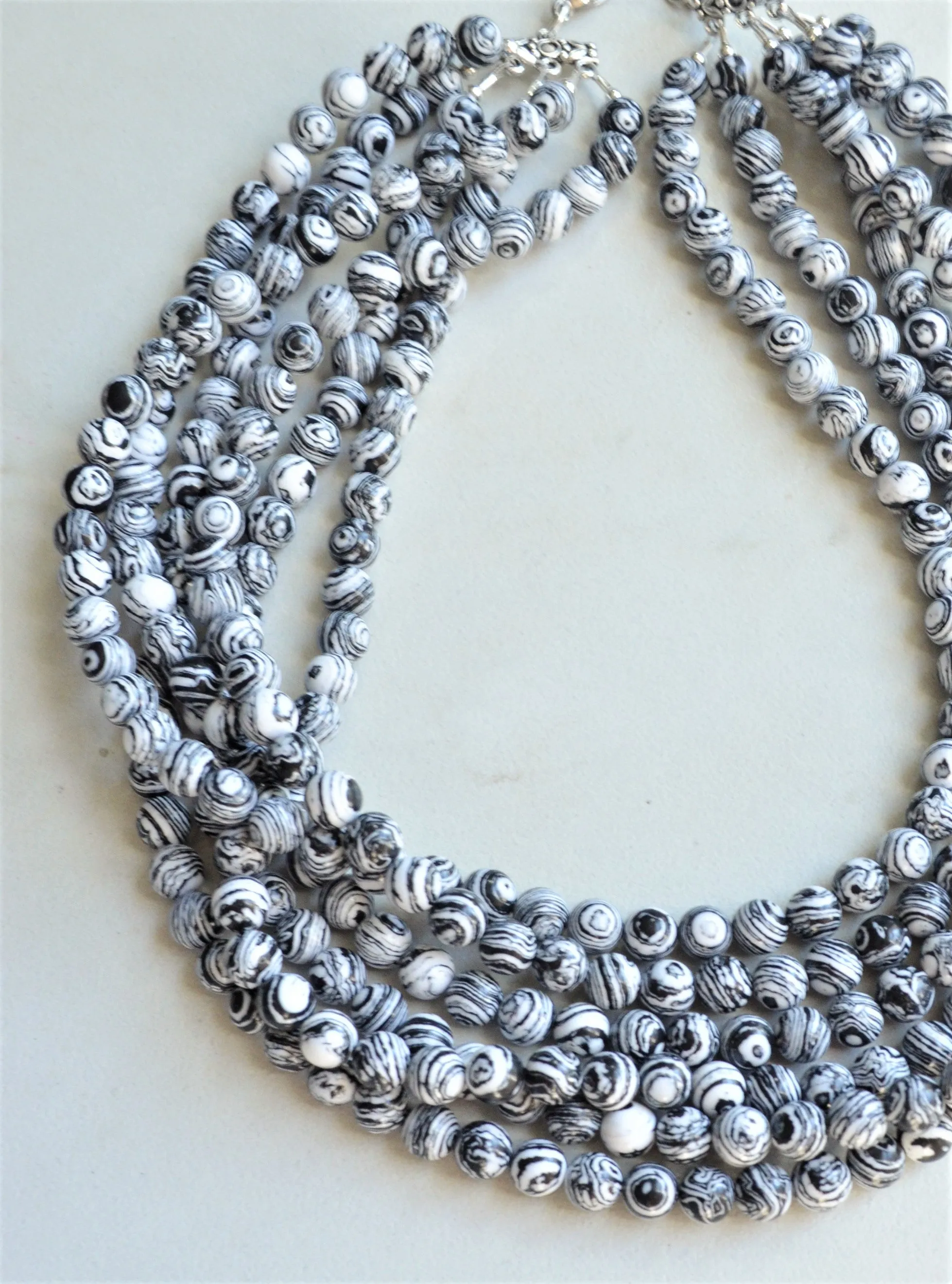 Black White Chunky Bead Animal Print Multi Strand Statement Necklace - Michelle