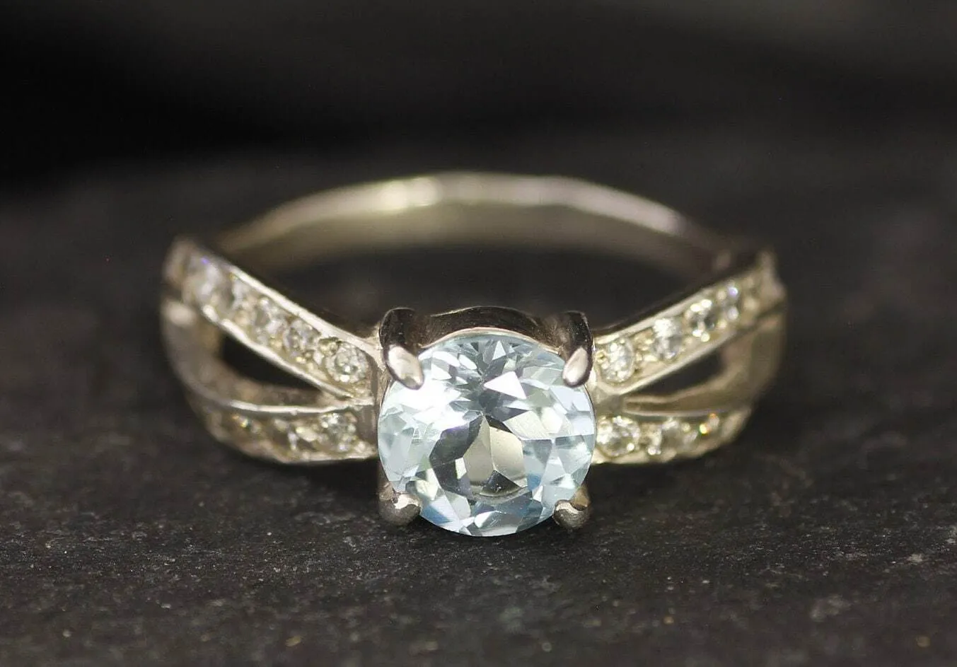 Blue Topaz Ring - Blue Diamond Ring -  Split Shank Ring
