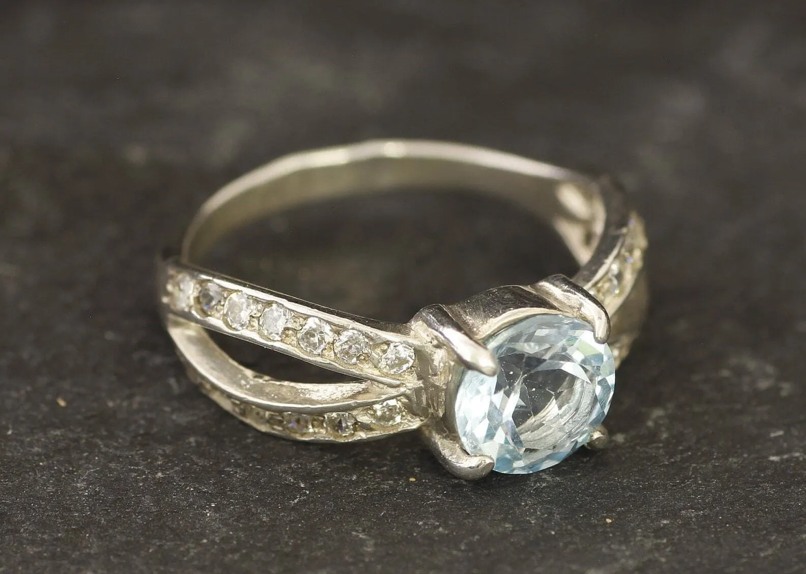 Blue Topaz Ring - Blue Diamond Ring -  Split Shank Ring