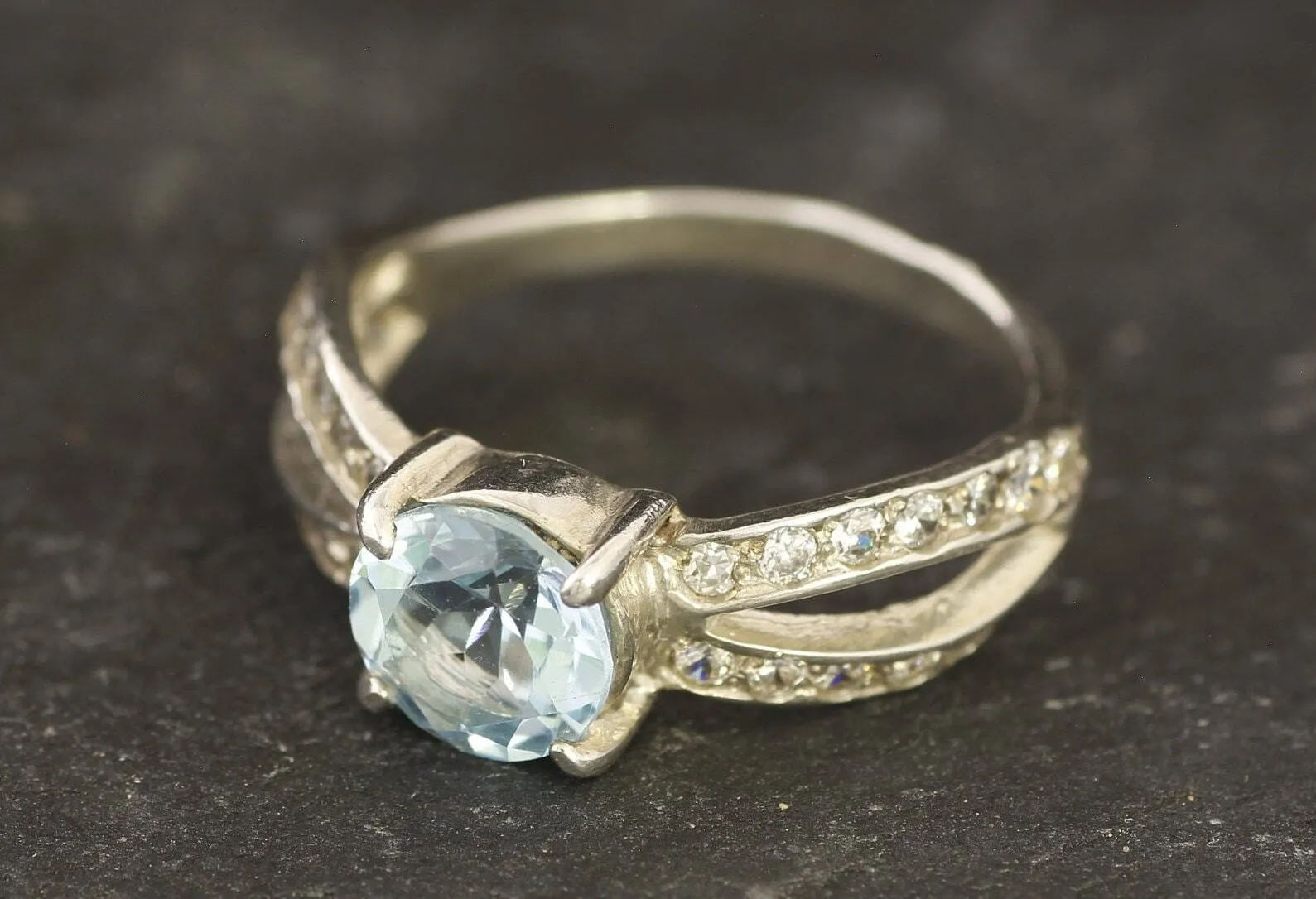 Blue Topaz Ring - Blue Diamond Ring -  Split Shank Ring