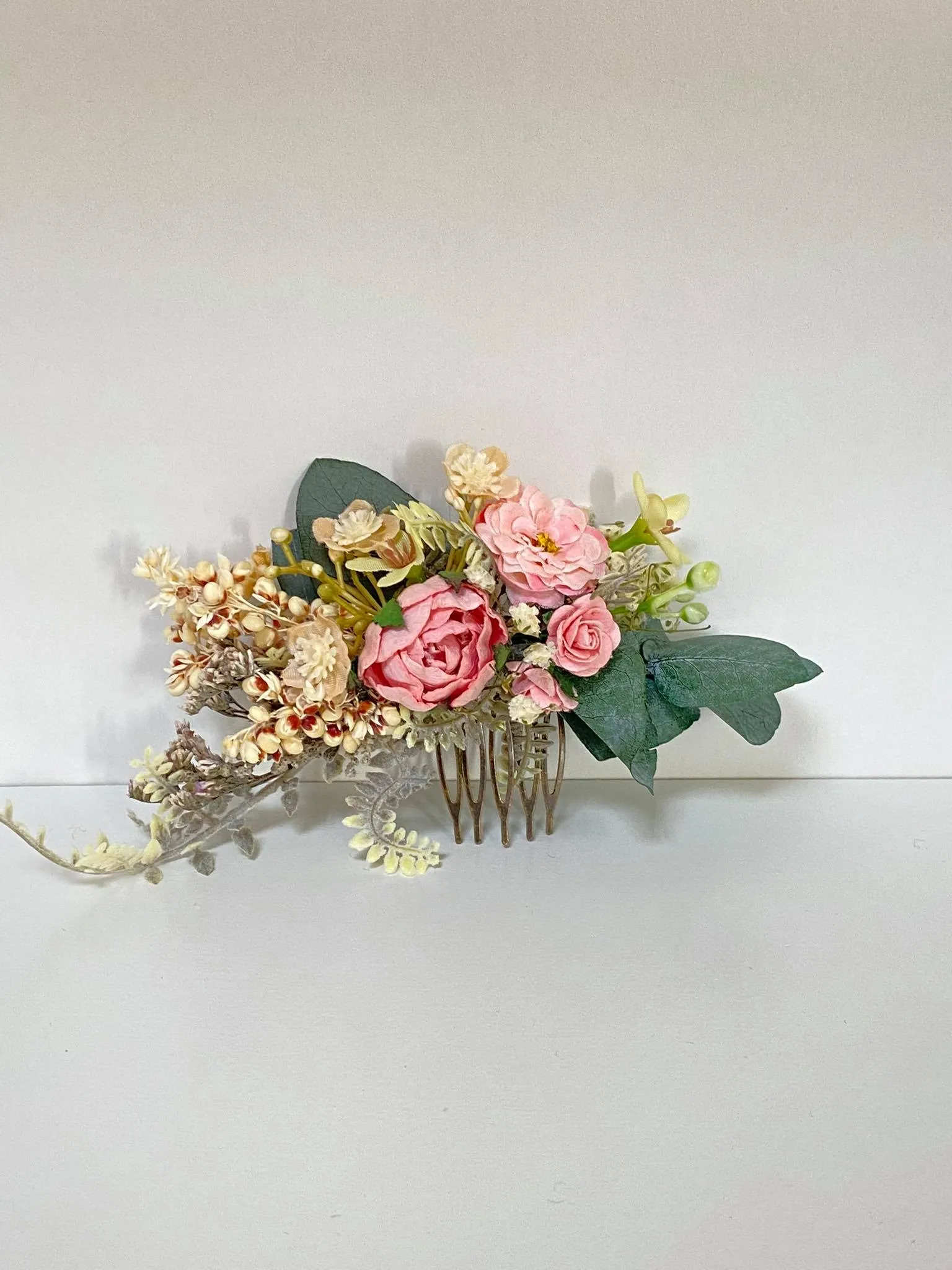 Bridal flower hair comb Peony wedding comb Pink and green headpiece Customisable wedding comb Magaela hair jewellery Romantic vintage comb
