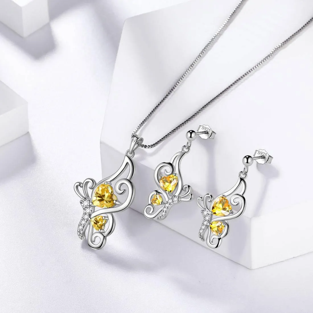 Butterfly Birthstone November Citrine Jewelry Set 3PCS Women Girls Birthday Gift