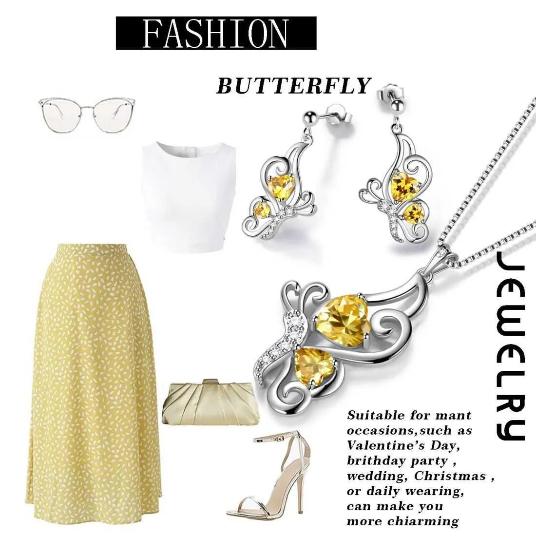 Butterfly Birthstone November Citrine Jewelry Set 3PCS Women Girls Birthday Gift
