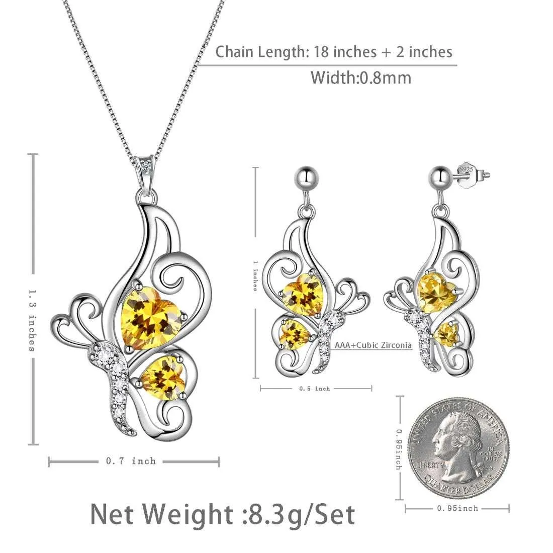 Butterfly Birthstone November Citrine Jewelry Set 3PCS Women Girls Birthday Gift
