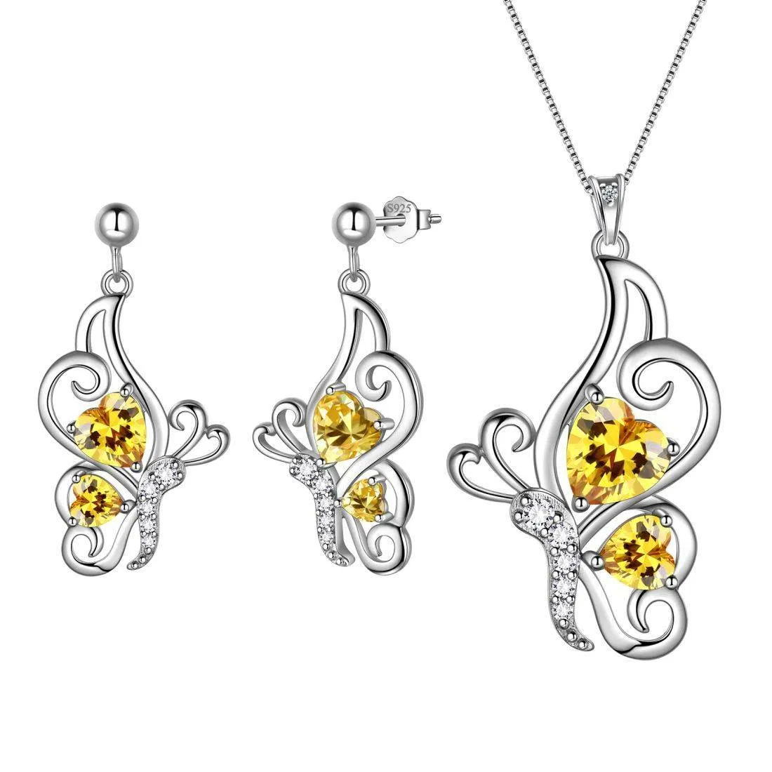 Butterfly Birthstone November Citrine Jewelry Set 3PCS Women Girls Birthday Gift