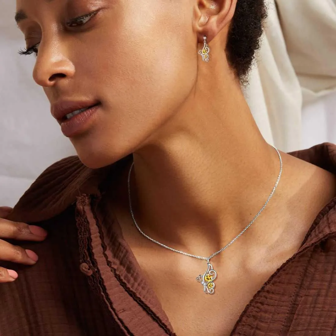 Butterfly Birthstone November Citrine Jewelry Set 3PCS Women Girls Birthday Gift