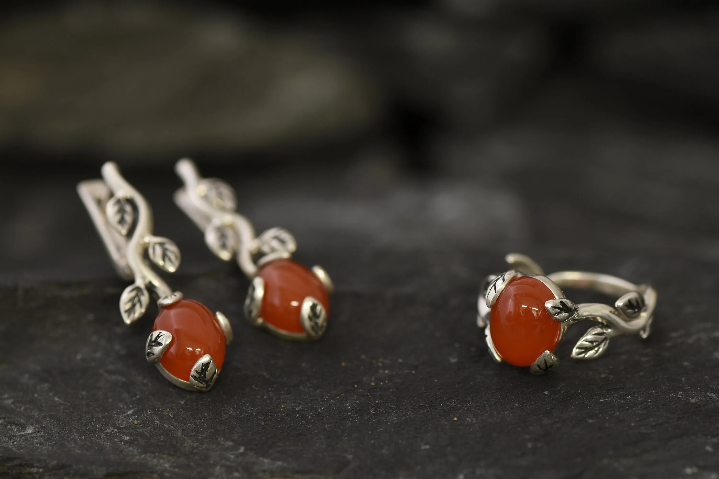 Carnelian Ring - Red Branch Ring - Olive Leaf Ring