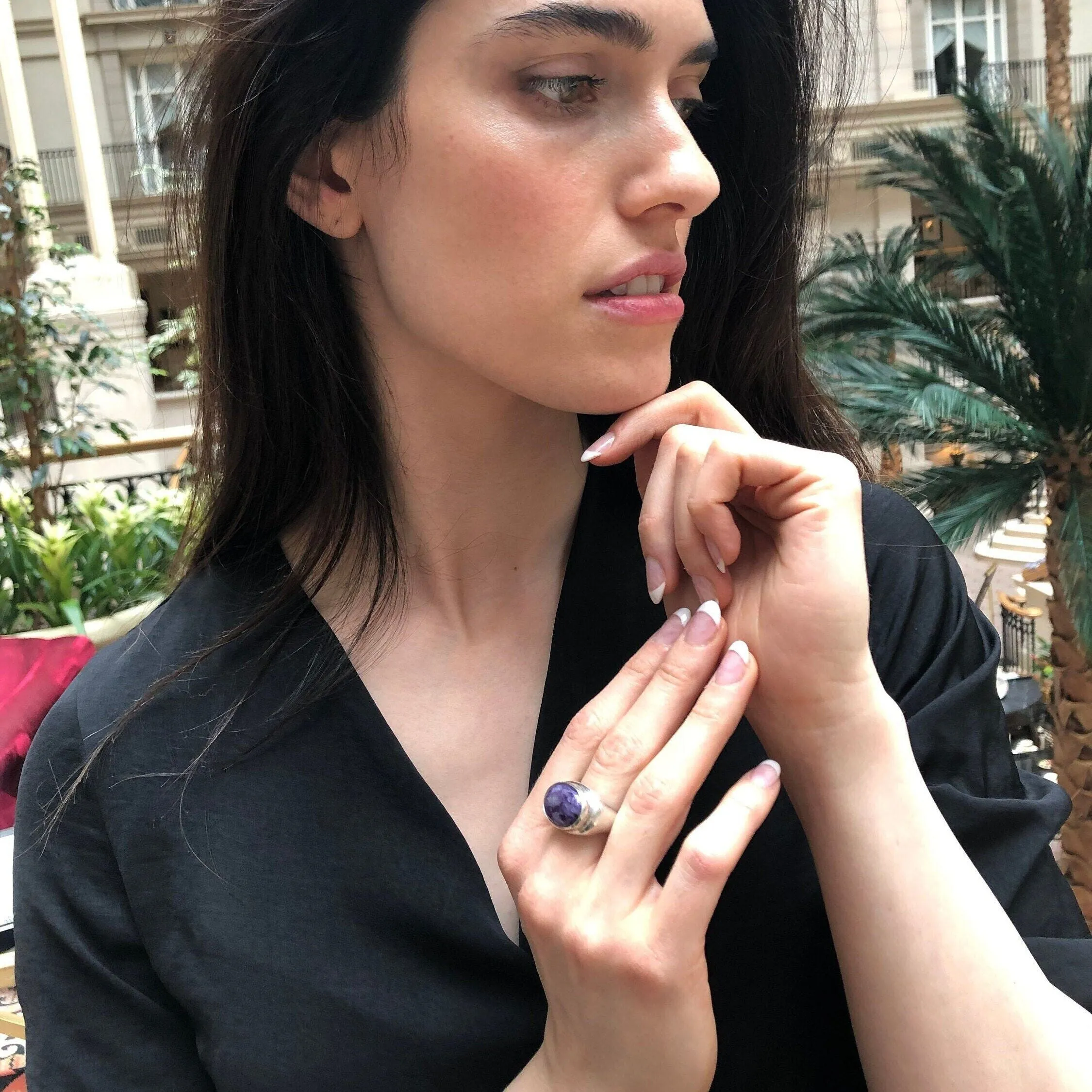 Charoite Ring - Purple Statement Ring - Oval Cocktail Ring