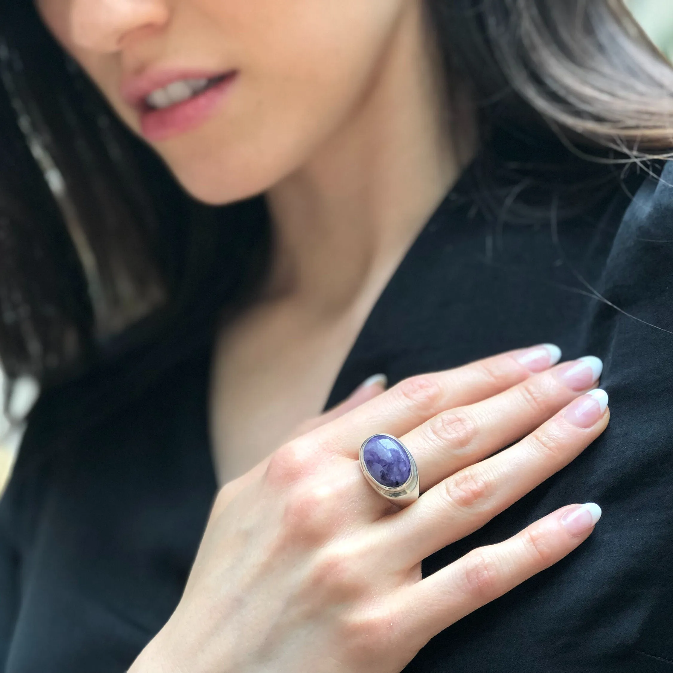 Charoite Ring - Purple Statement Ring - Oval Cocktail Ring