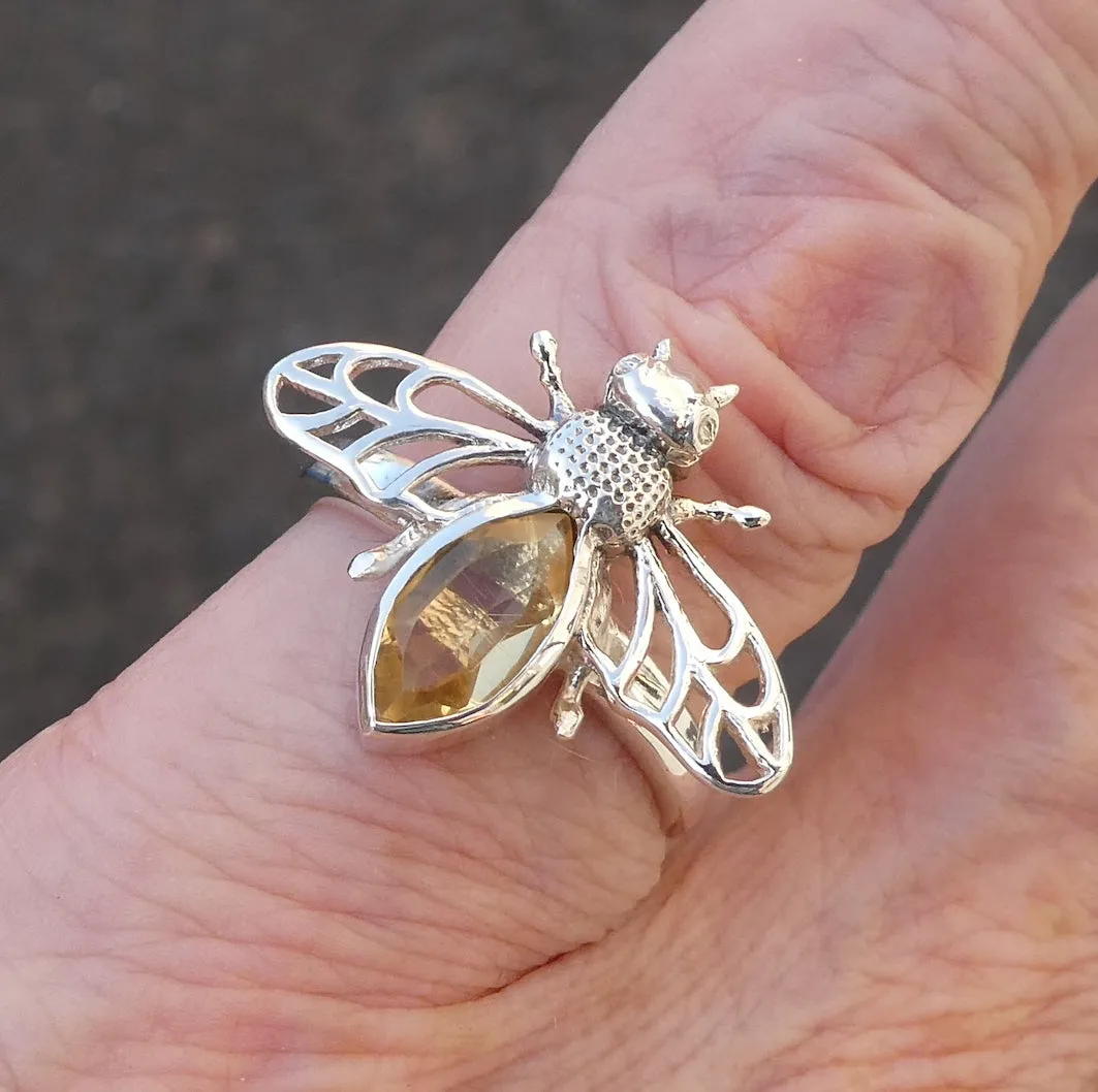 Citrine Bee Ring, 925 Sterling Silver, Size 7